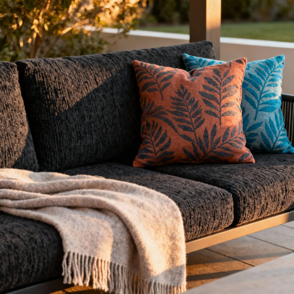 Elegantly designed patio with layered, high-performance textiles in charcoal and terracotta, evoking a strong narrative and purpose for outdoor comfort.