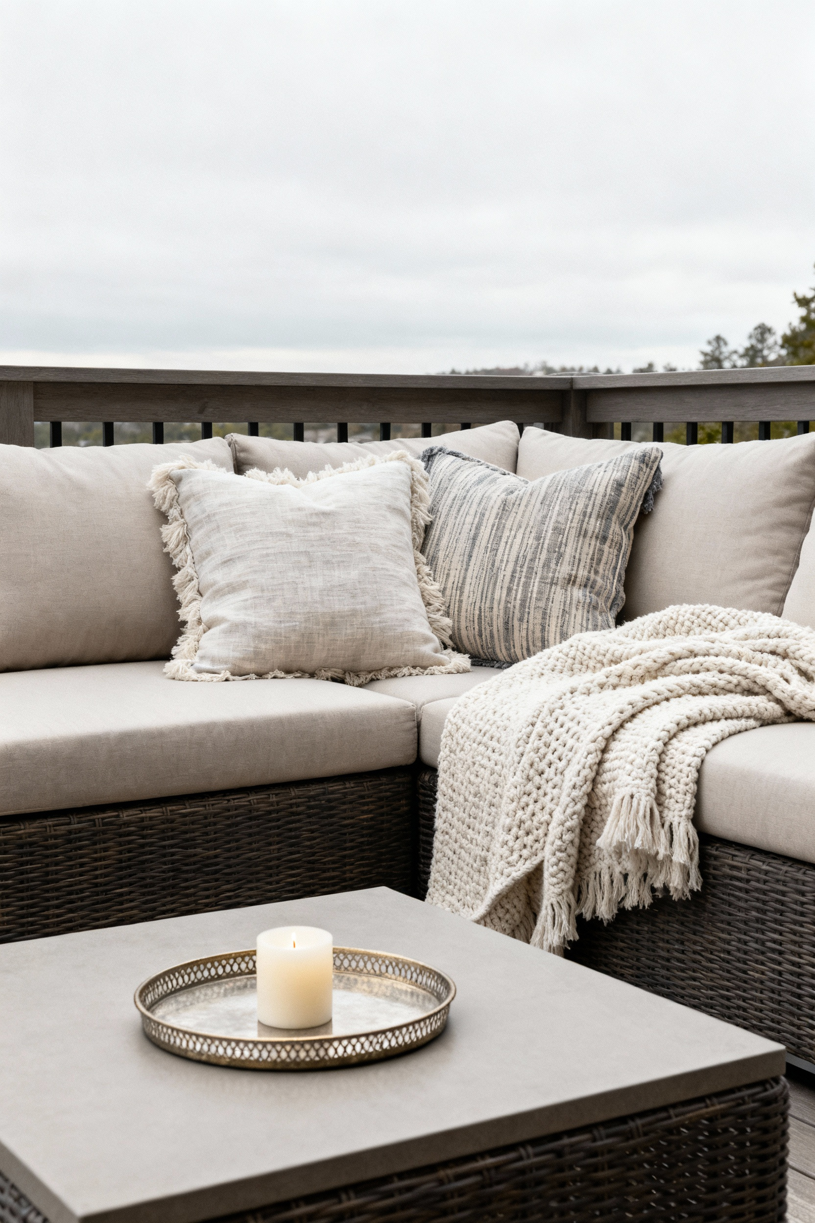 A beautifully styled patio lounge area with layered performance textiles including cushions, throw blankets, and decorative pillows, demonstrating an adaptive strategy for year-round comfort.