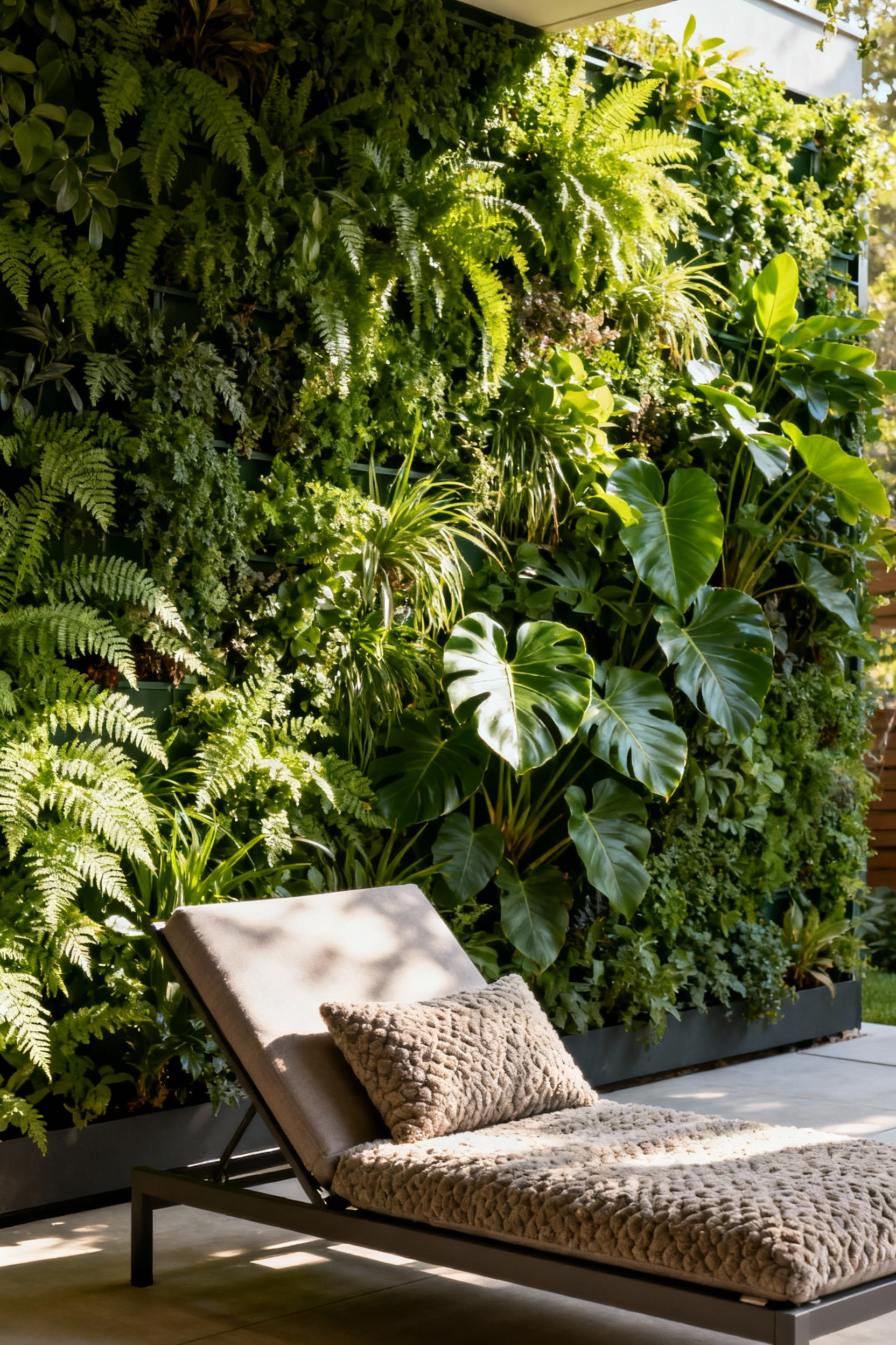 Lush vertical green wall on a modern patio, providing dynamic dimension and complete privacy with varied plant textures.