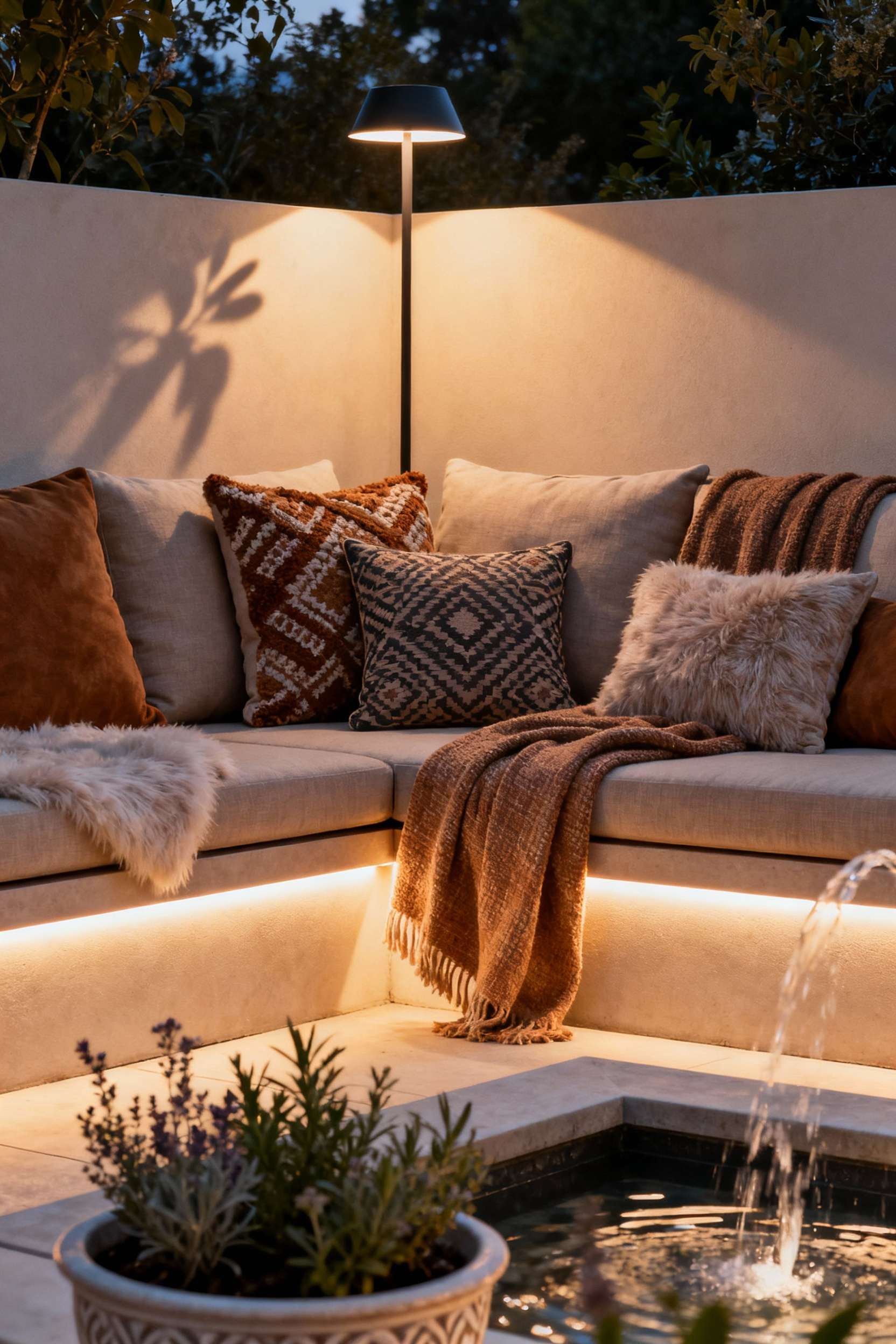 A serene patio sanctuary at dusk, showcasing multi-sensory design with layered textiles, soft lighting, and subtle biophilic elements, creating a luxurious and comfortable outdoor ambiance.