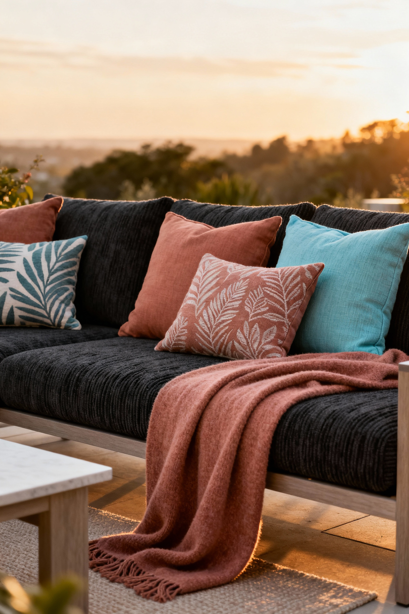 Elegantly designed patio with layered, high-performance textiles in charcoal and terracotta, evoking a strong narrative and purpose for outdoor comfort.