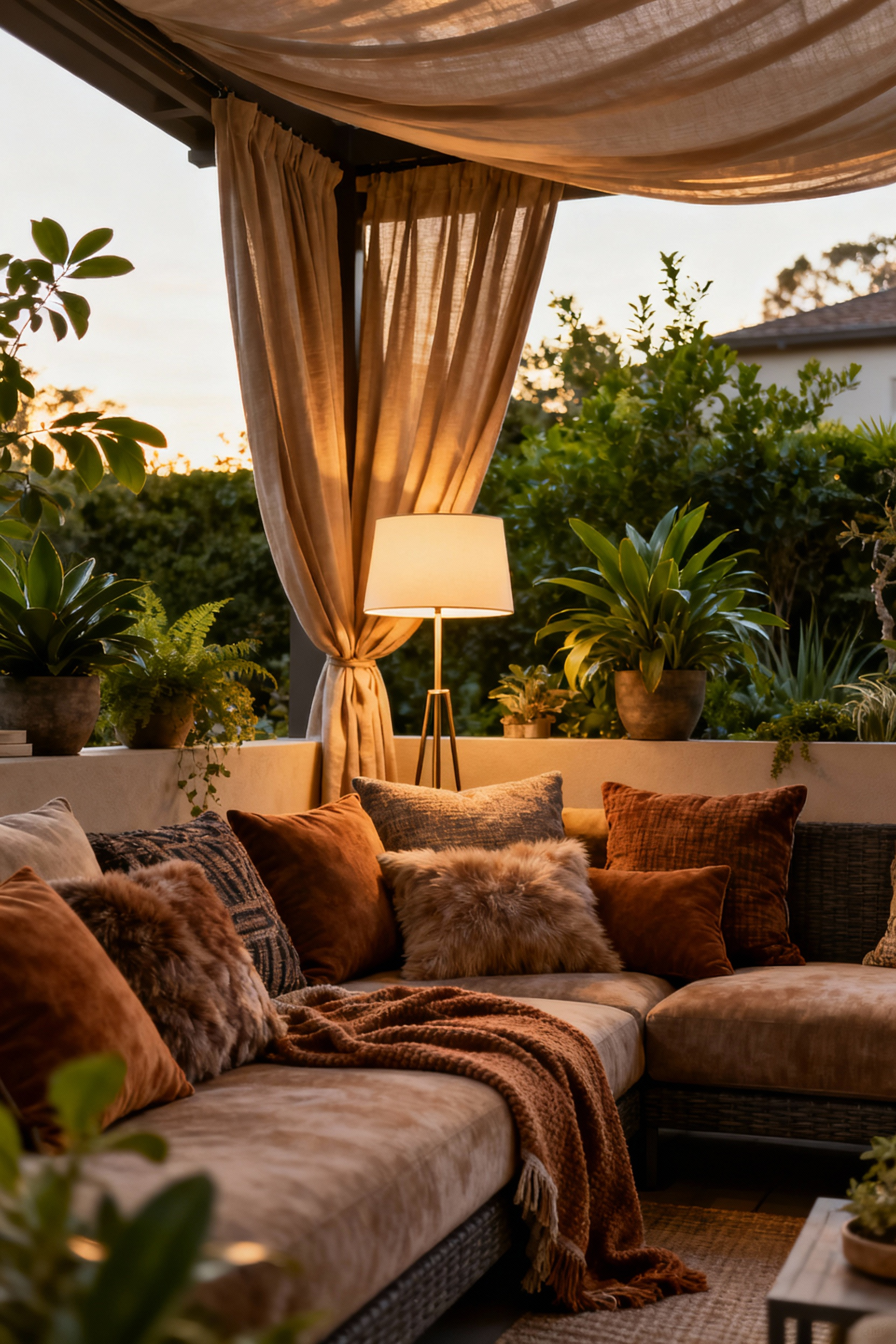 A luxurious patio comfort zone featuring layered outdoor cushions, soft throw blankets, outdoor drapes, and lush potted plants under warm evening lighting. No people are present, highlighting bespoke textile design for a mindful retreat.