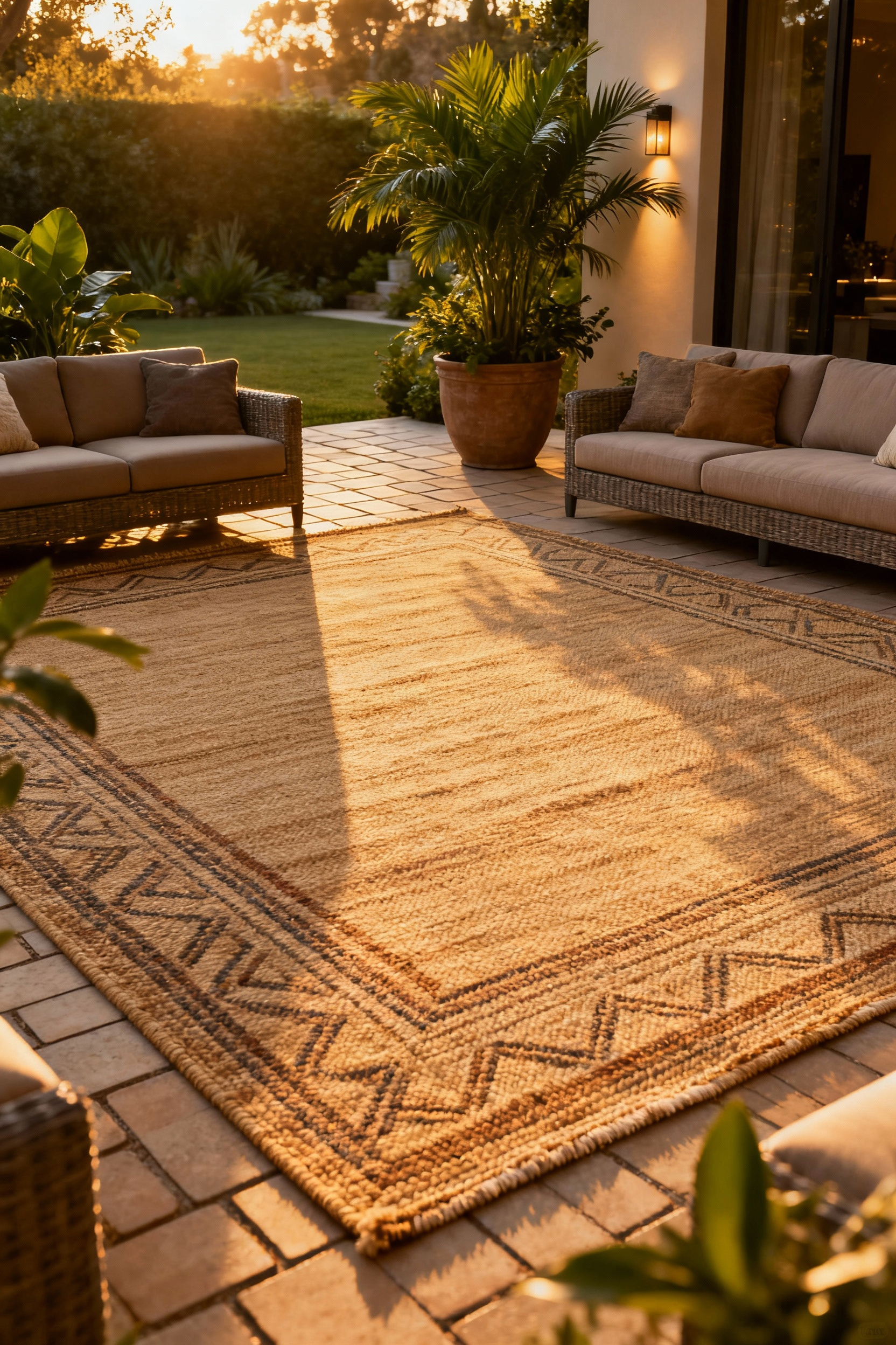 Elegant outdoor patio lounge area featuring a large, natural-toned woven outdoor rug beneath modern, comfortable patio furniture and lush green plants.