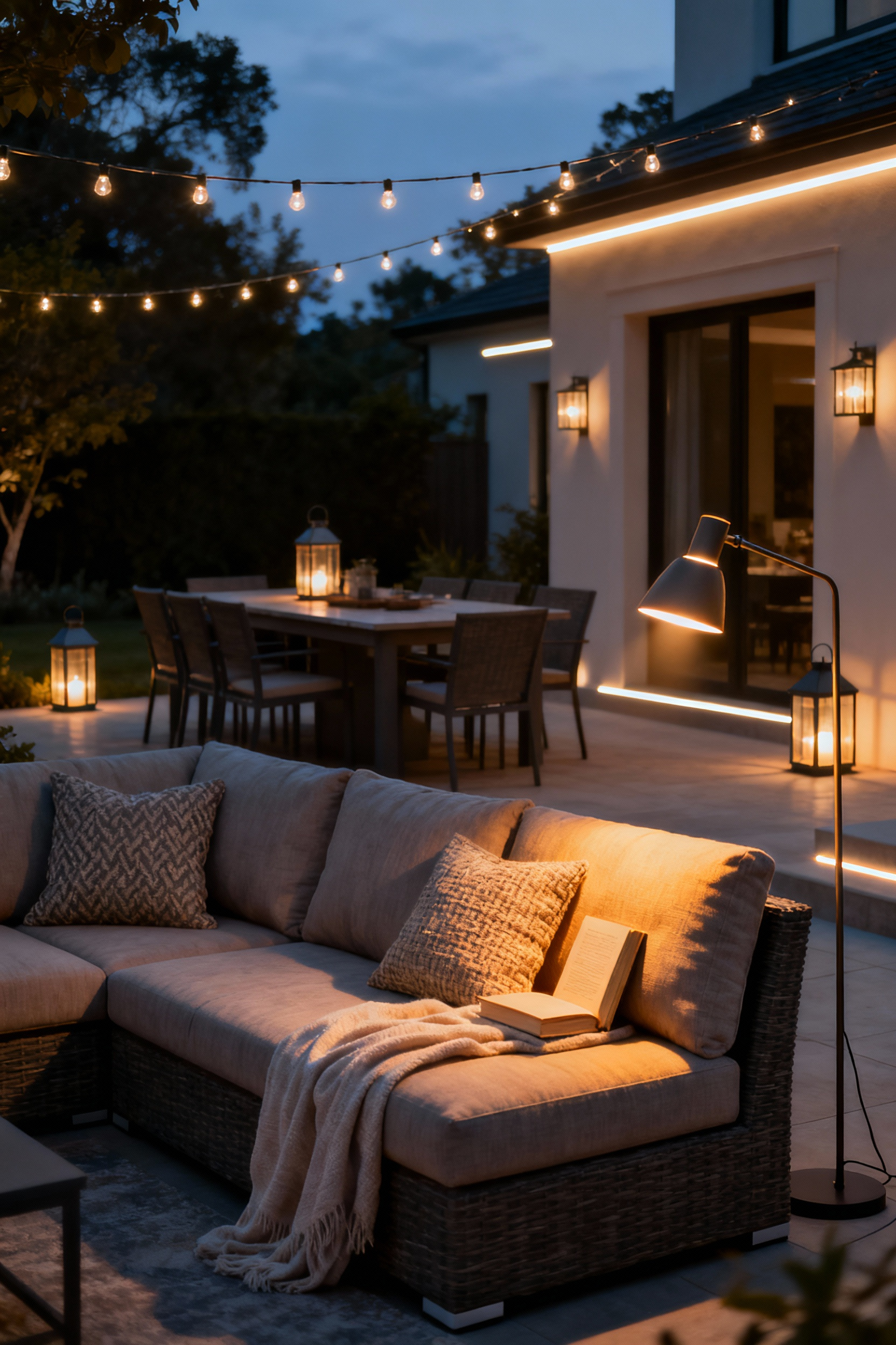 Elegant patio at twilight illuminated with ambient string lights, modern lanterns, and a task floor lamp highlighting the textures of outdoor cushions and throws, creating a cozy evening atmosphere.