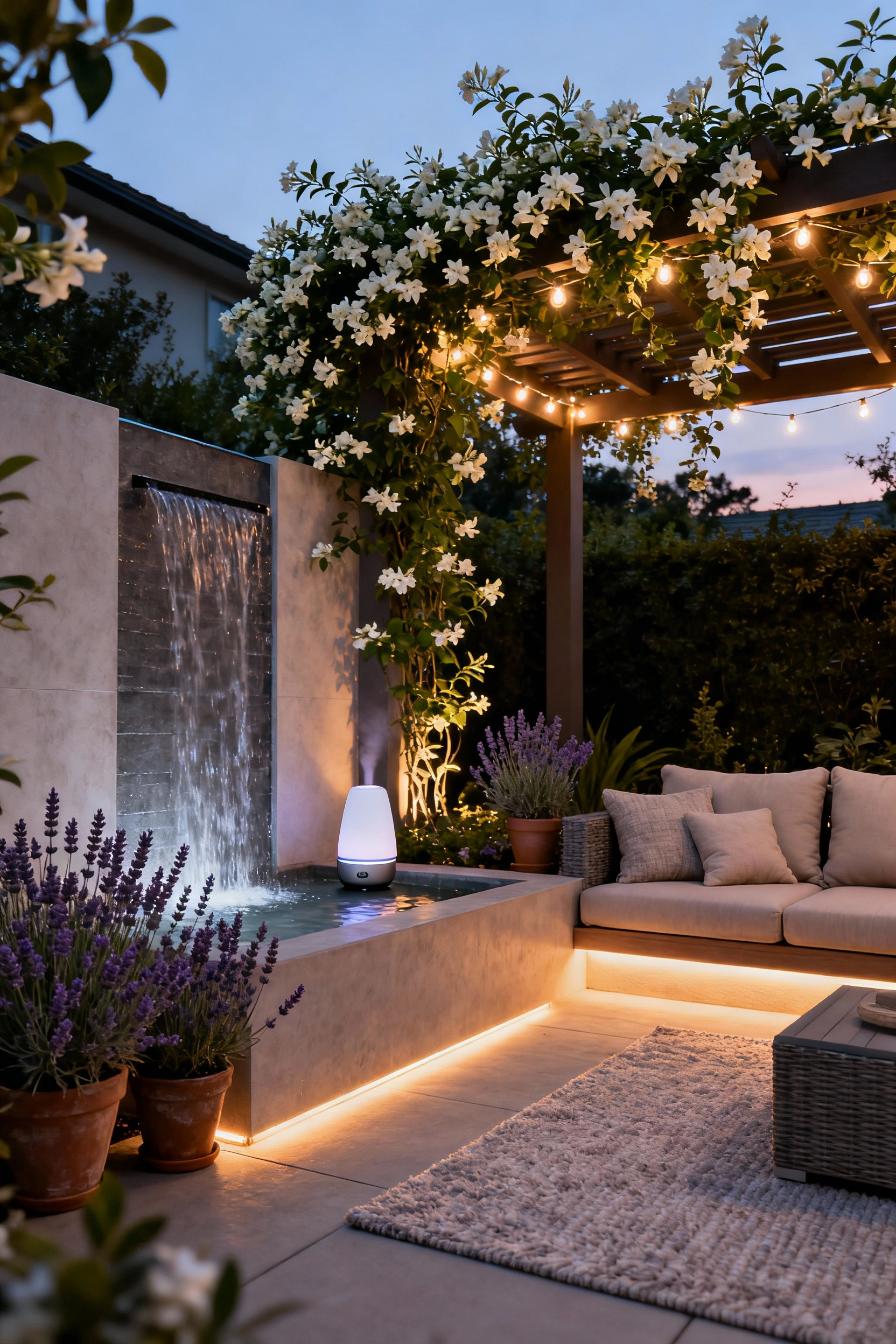 Luxurious patio at twilight with a calming water feature, fragrant jasmine vines, lavender plants, and an essential oil diffuser, creating a multi-sensory outdoor sanctuary.
