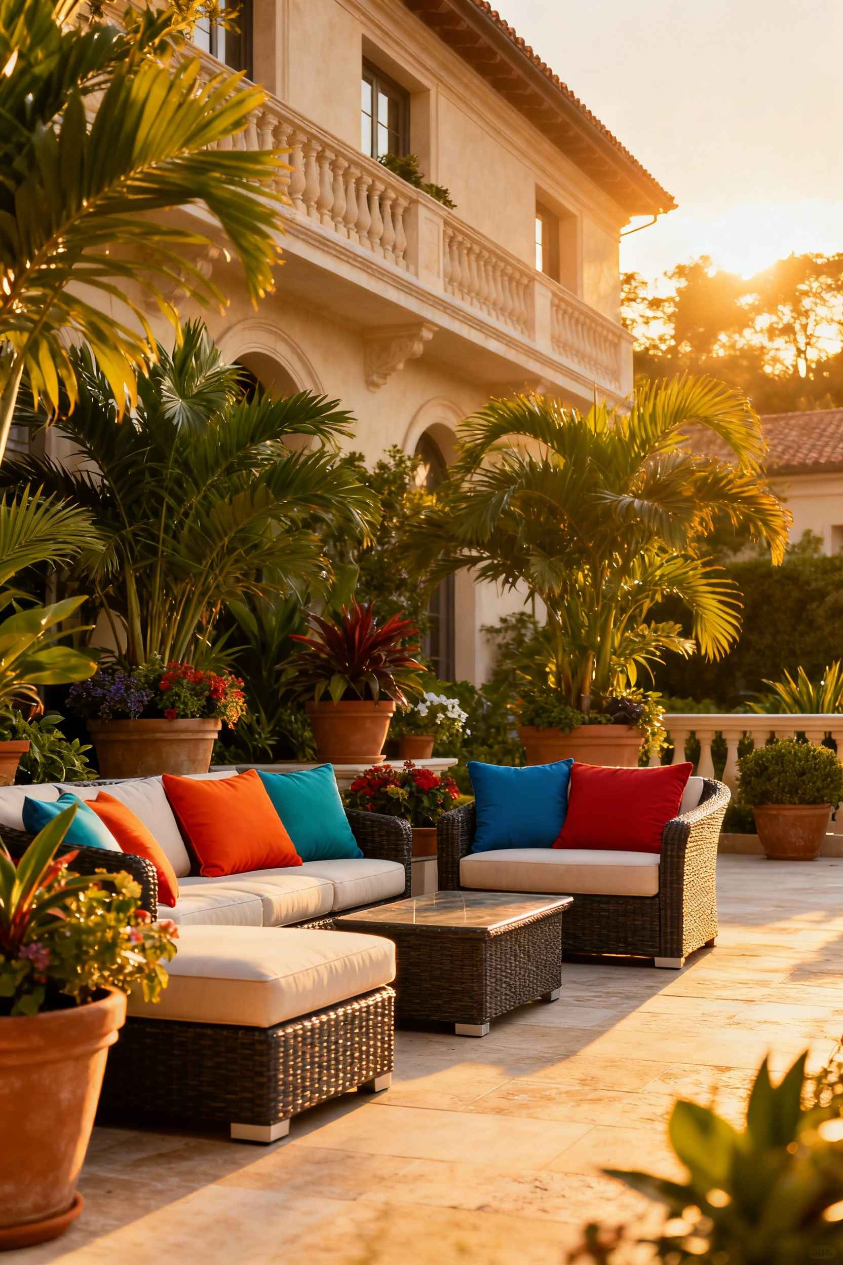 Pristine patio lounge with durable outdoor furniture, elegant cushions, and lush potted plants, showcasing an immaculate and inviting outdoor living area maintained with ease under warm sunlight.