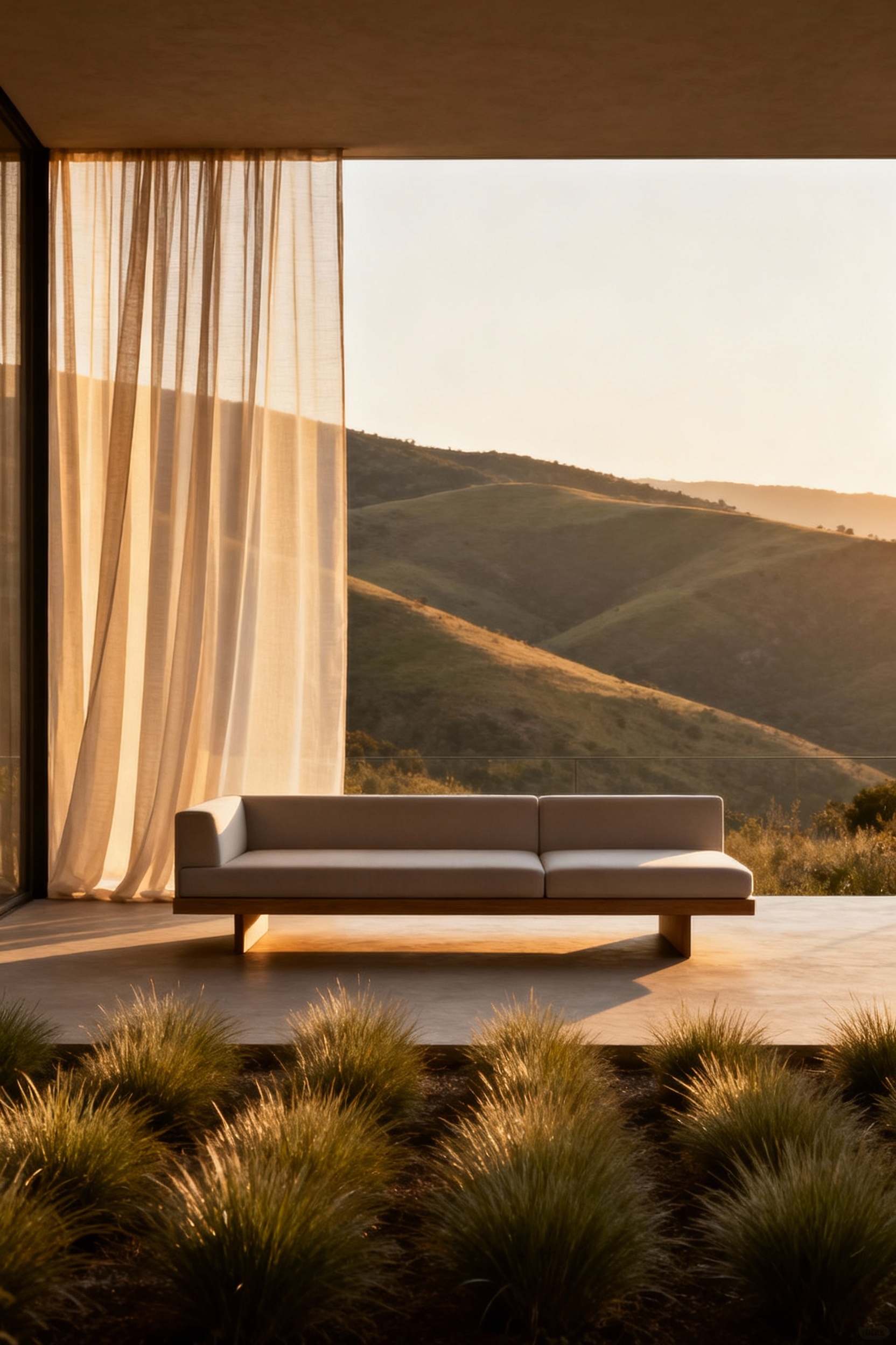 Elegant patio with strategic sheer drapes and lush plants framing an expansive garden view, inviting seating with textured cushions, under golden hour lighting.