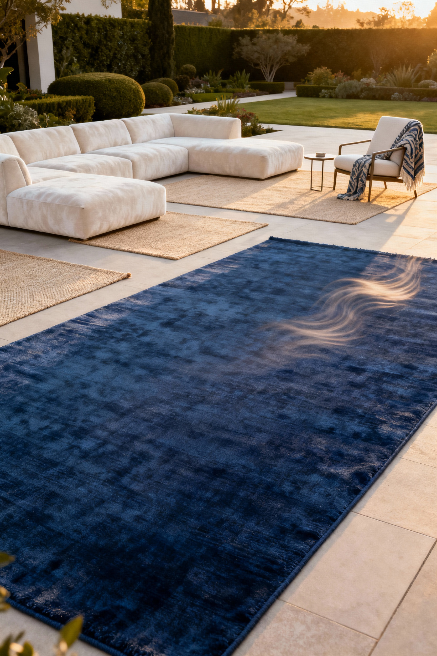 Elegantly arranged outdoor textiles defining inviting pathways and distinct functional zones on a luxurious modern patio at dawn, showcasing intentional flow.