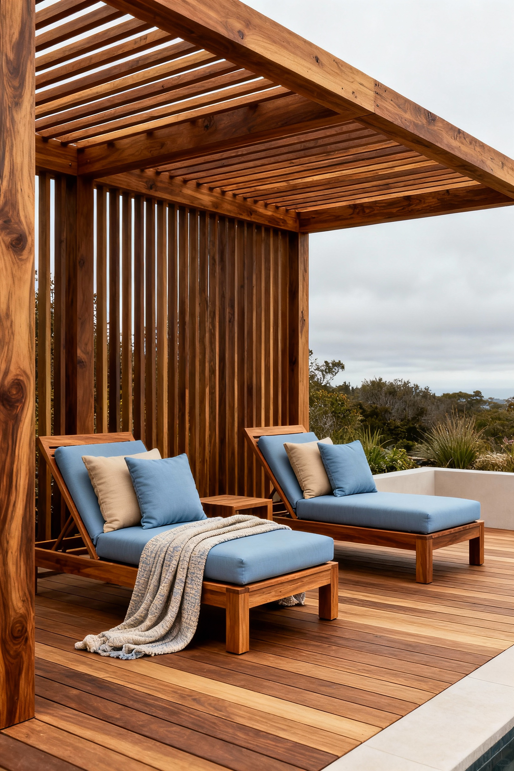 Patio featuring teak decking, cedar pergola, ipe lounge chairs with blue and sand cushions, showing natural wood integration for warmth.
