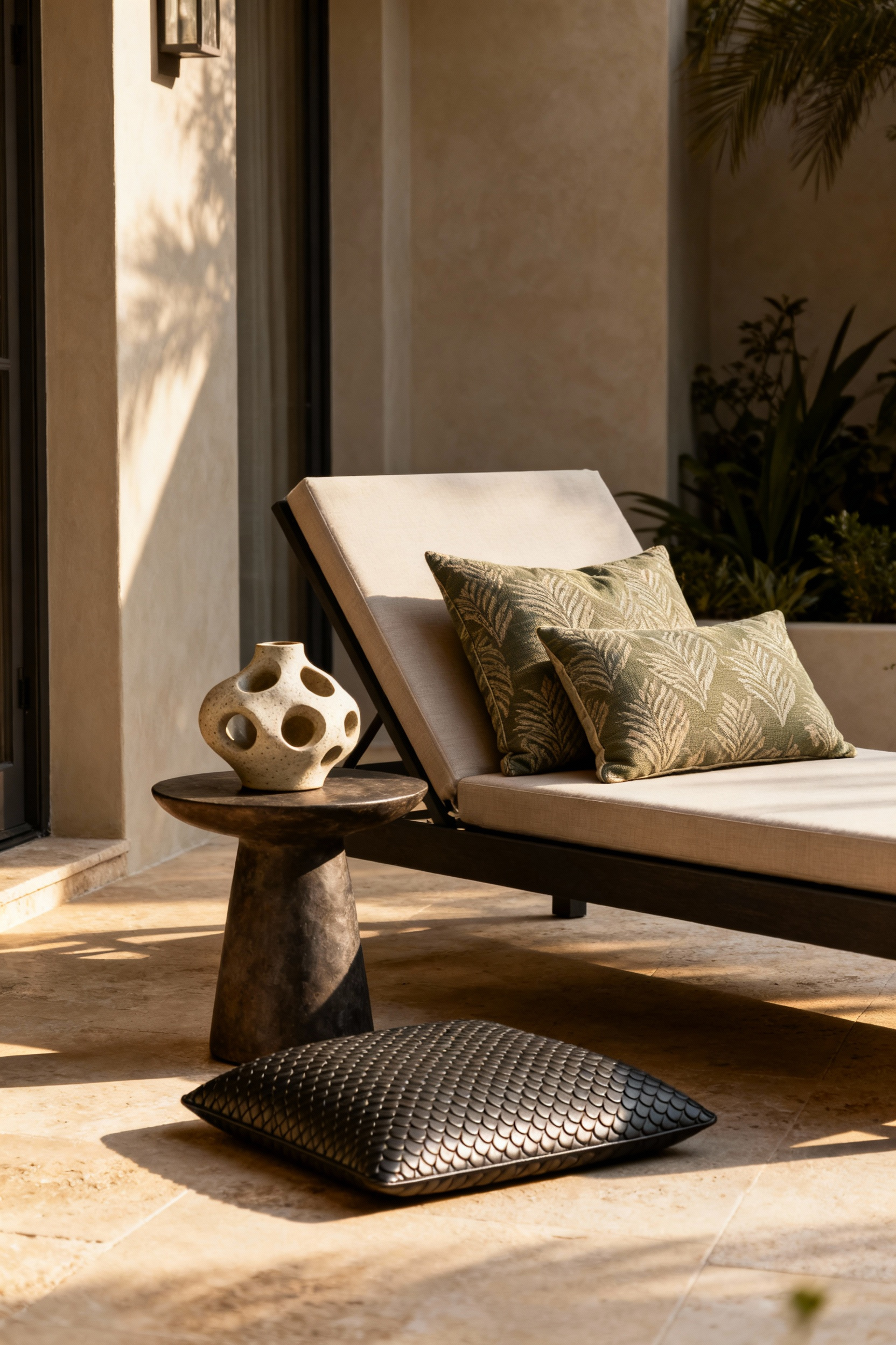 Luxury patio corner with personalized decor, showcasing layered outdoor textiles, handcrafted ceramic objet d'art, and textured floor cushions under warm morning light.
