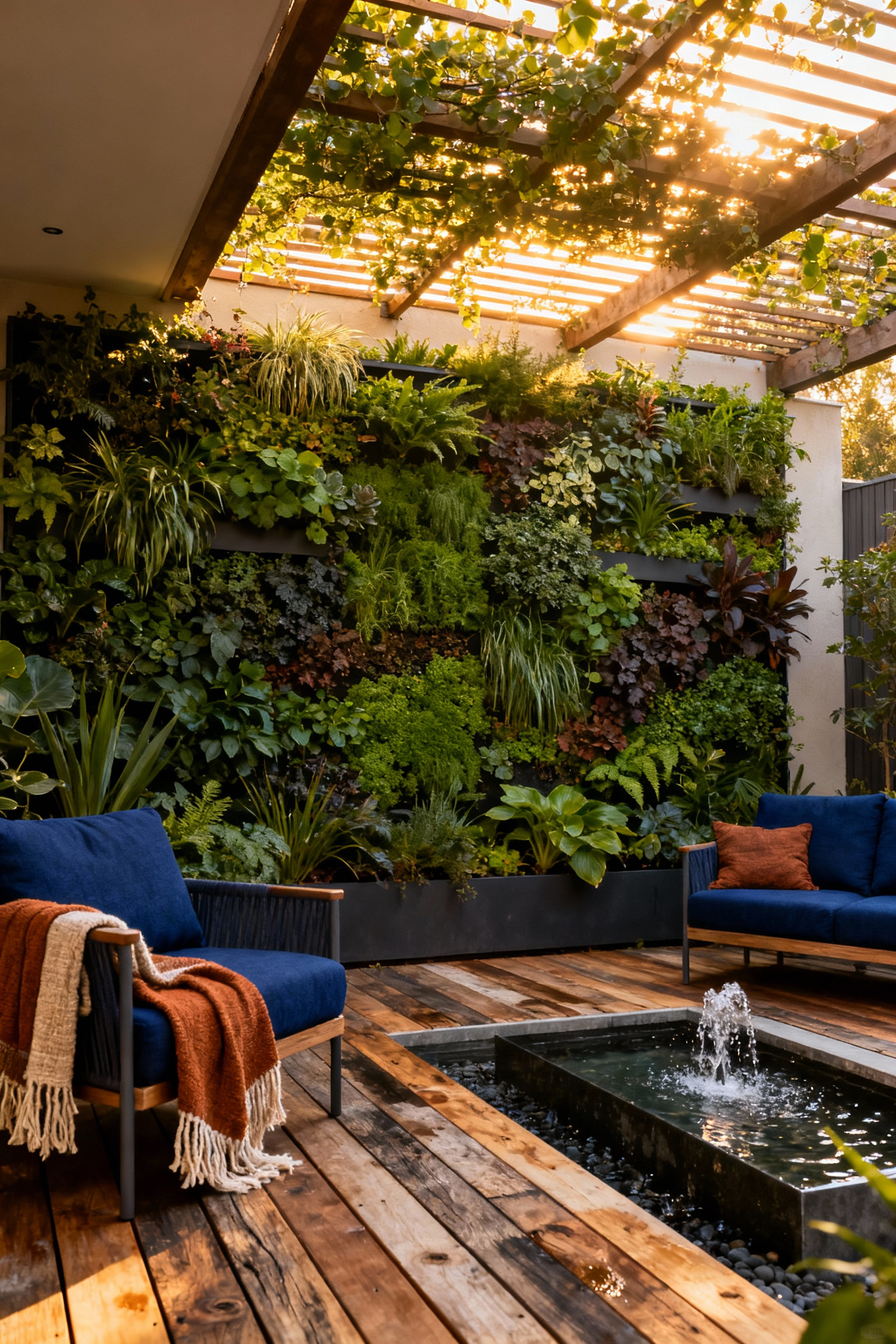 A serene biophilic patio featuring lush vertical gardens, a subtle water feature, natural wood decking, and inviting outdoor seating with indigo cushions and textured throws under golden hour light.