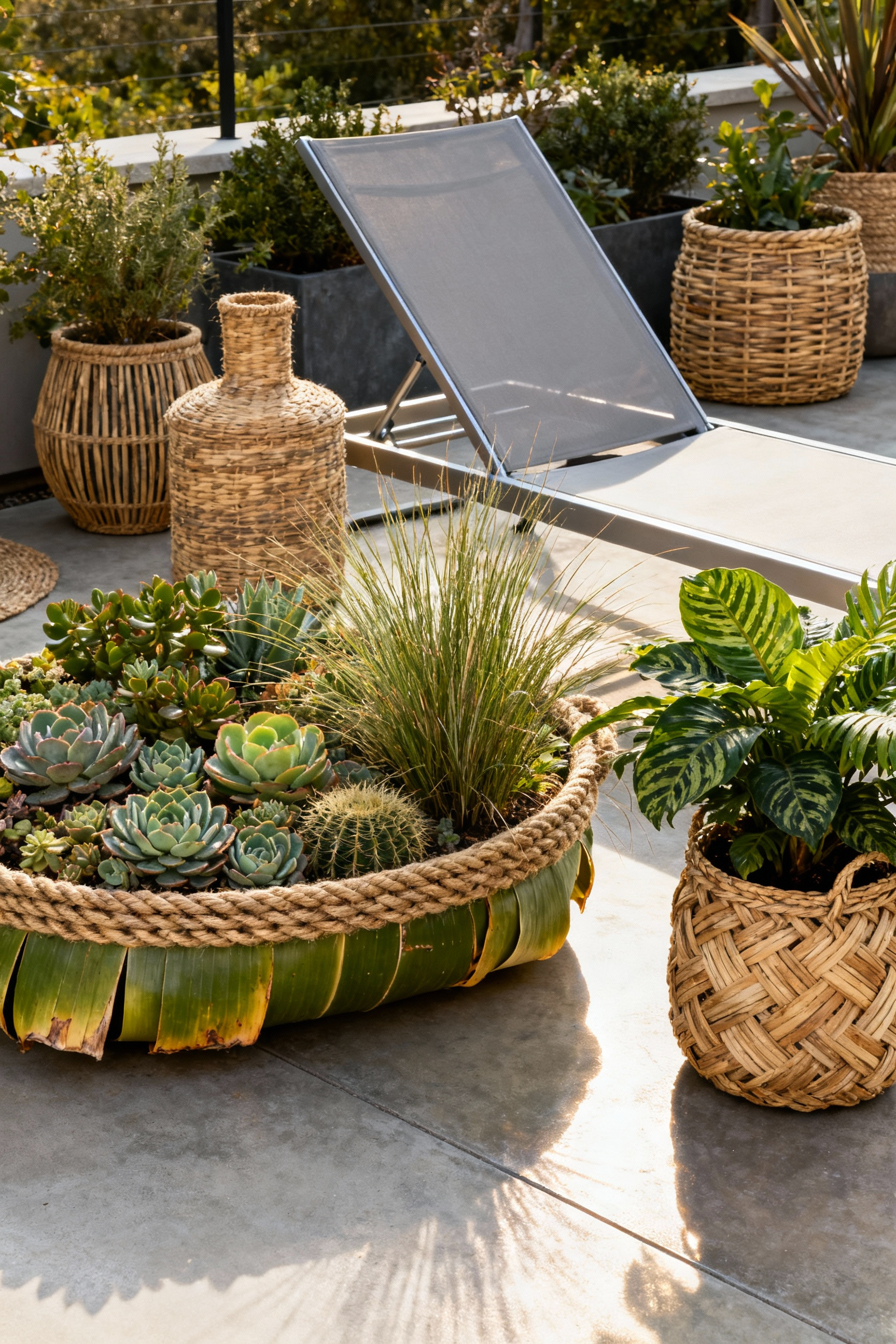 An elegant patio featuring a mix of handcrafted woven baskets and planters with succulents and ferns, set against modern furniture and polished concrete, creating a rustic-chic aesthetic.