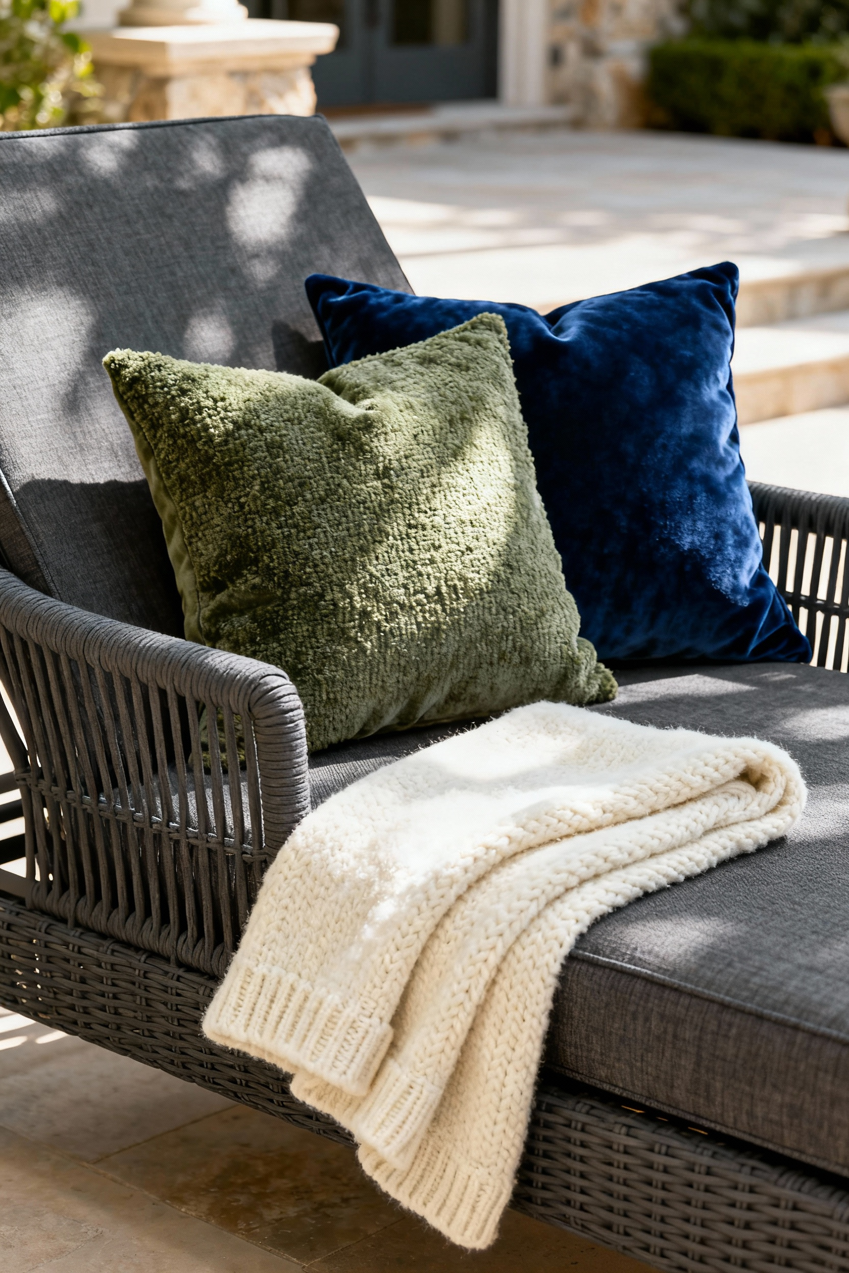 Close-up of a luxurious outdoor lounge chair upholstered in high-performance charcoal acrylic, layered with sage bouclé and sapphire velvet pillows, and an off-white knit throw, showcasing fabric textures in sunlight on an elegant patio.