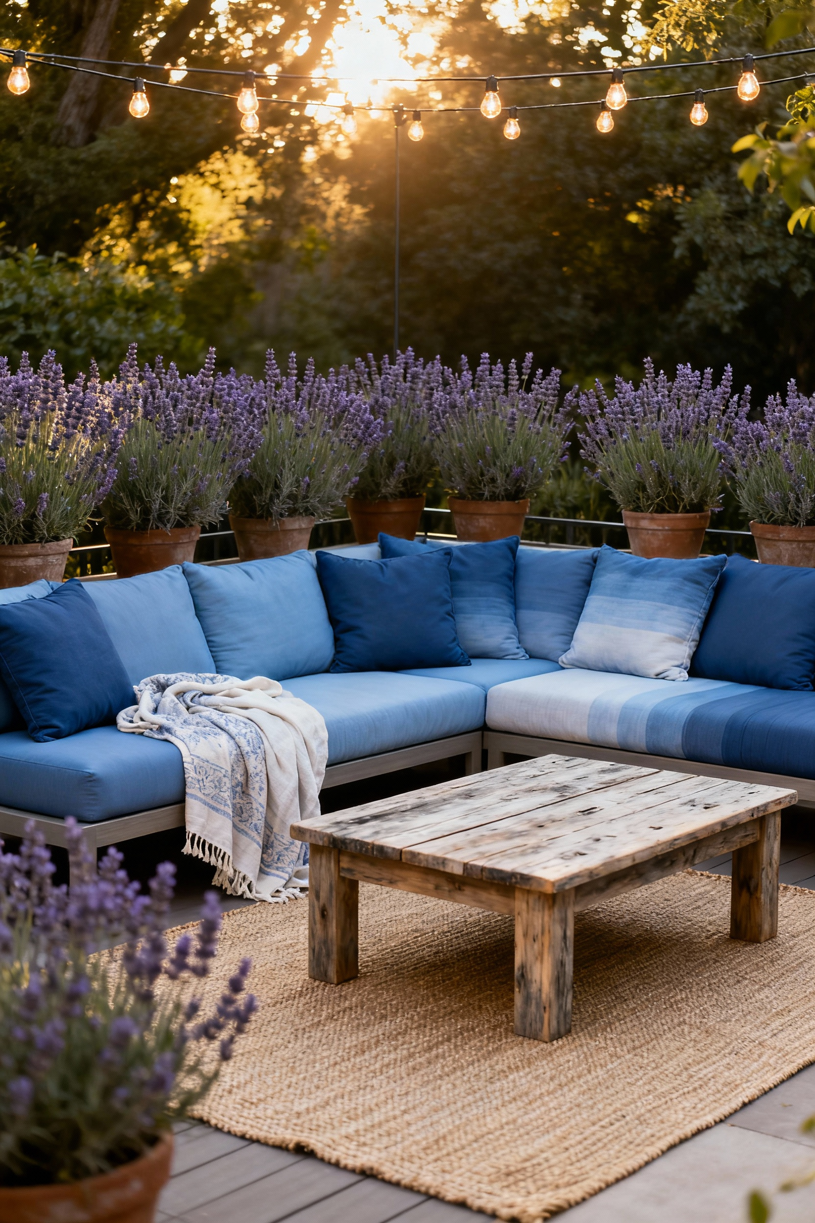 A cozy outdoor conversation nook featuring a blue U-shaped modular sofa, teak coffee table, layered textiles, and potted herbs under warm string lights on a patio.