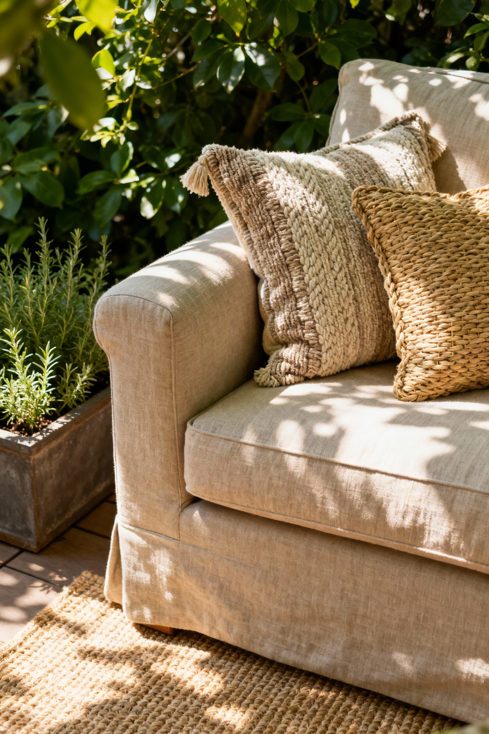 Close-up of a meticulously designed outdoor patio focusing on layered, textured textiles, plush cushions, and an inviting atmosphere under natural light, embodying experiential harmony. No people are present.