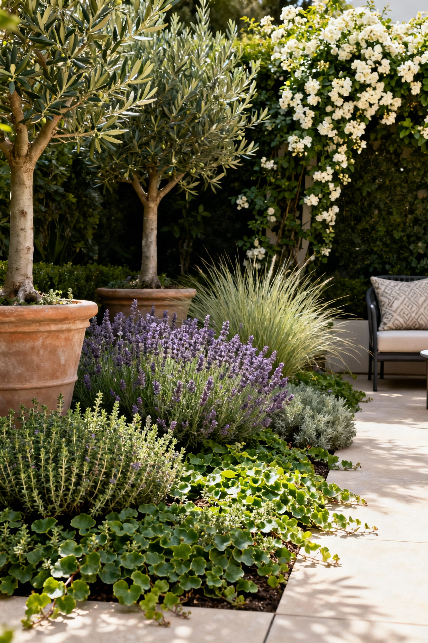 Lush patio with layered planting, featuring ground covers, shrubs, and trees for botanical richness and aromatic pleasure, integrated with elegant outdoor furniture