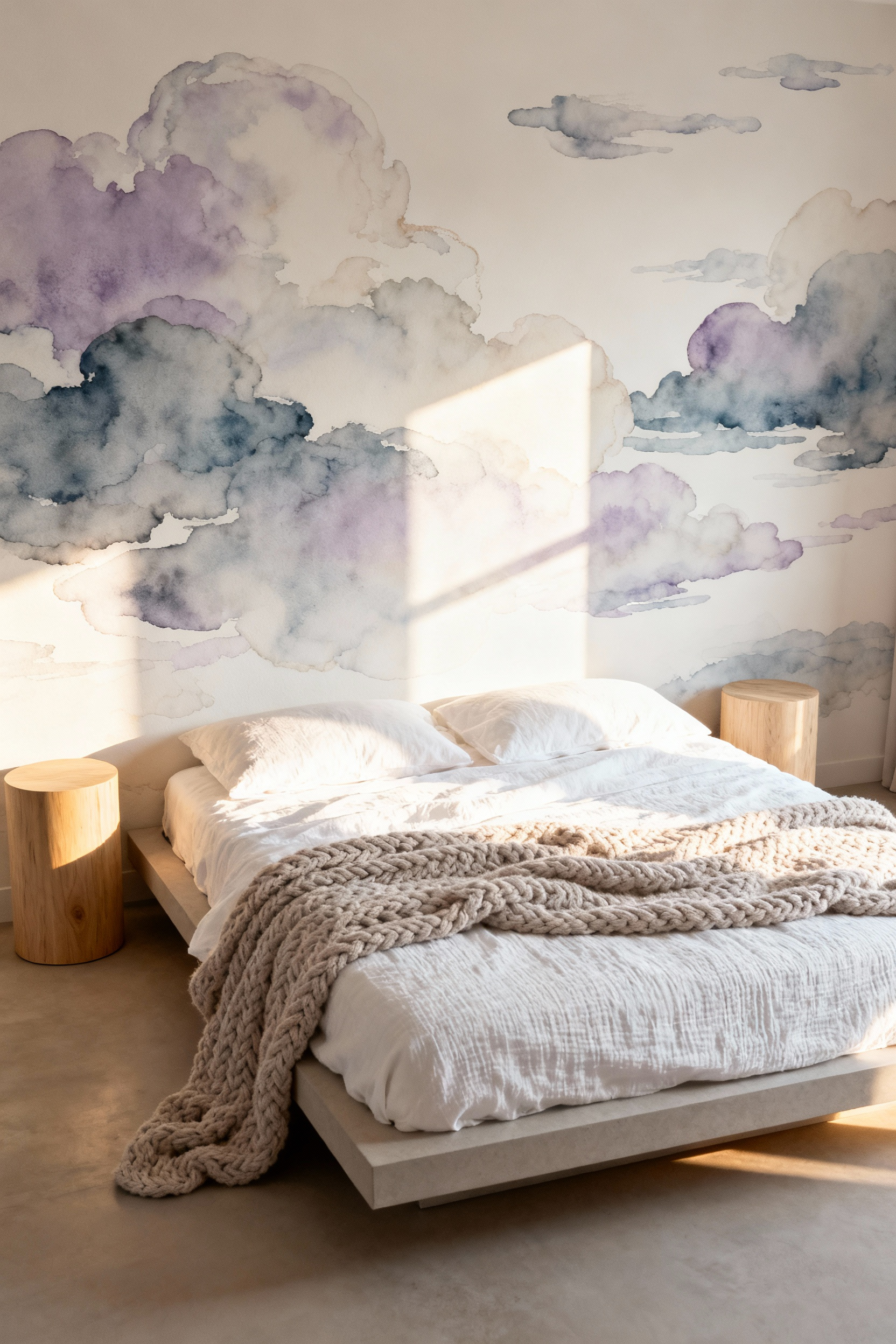 Minimalist bedroom with abstract watercolor cloud wallpaper in soft pastels creating a serene, dreamy aesthetic.