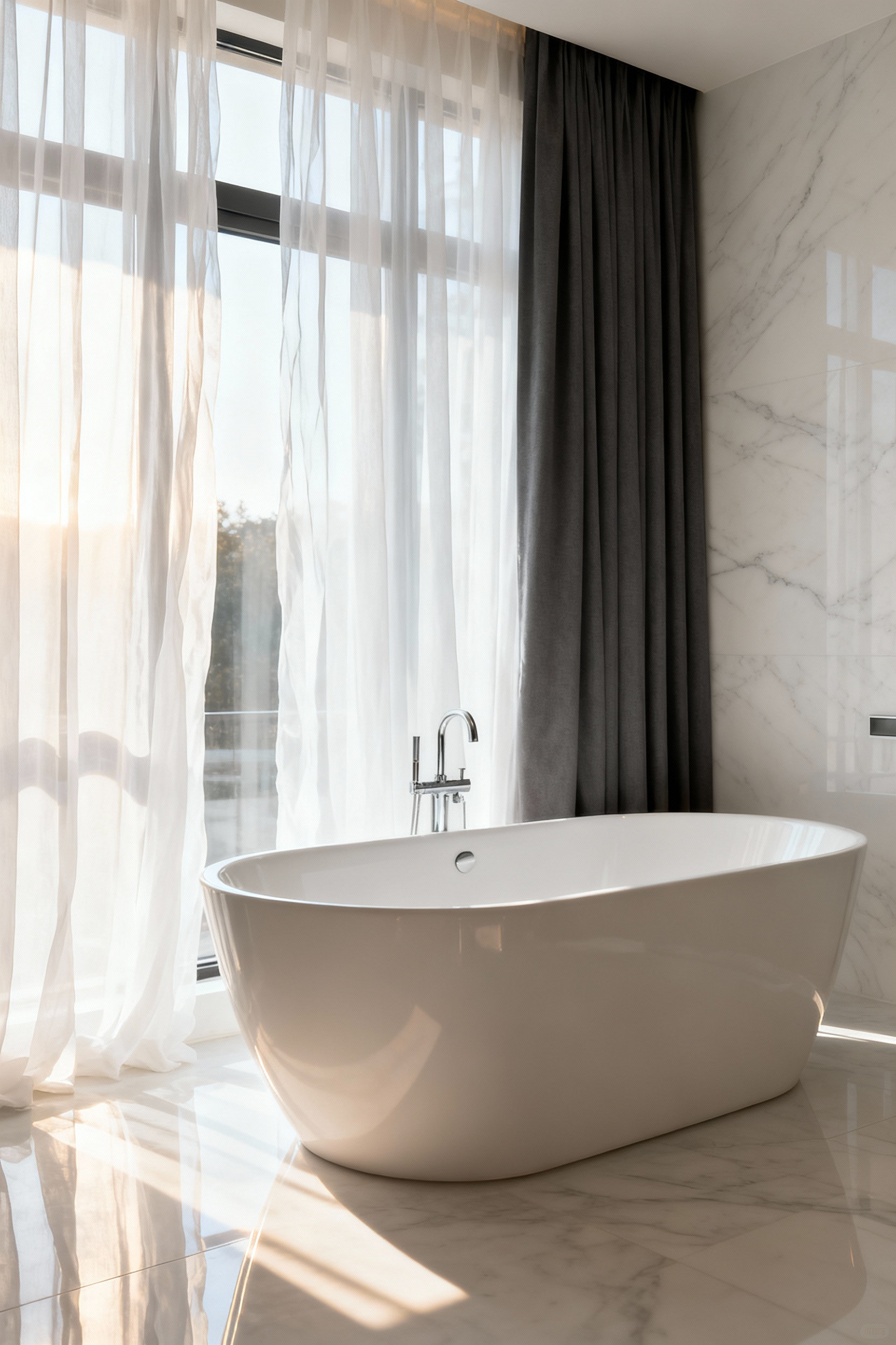 High-end bathroom featuring a freestanding tub and layered window treatments using translucent white sheers over opaque charcoal blackout liners, diffusing natural light into a soft, homogeneous glow.