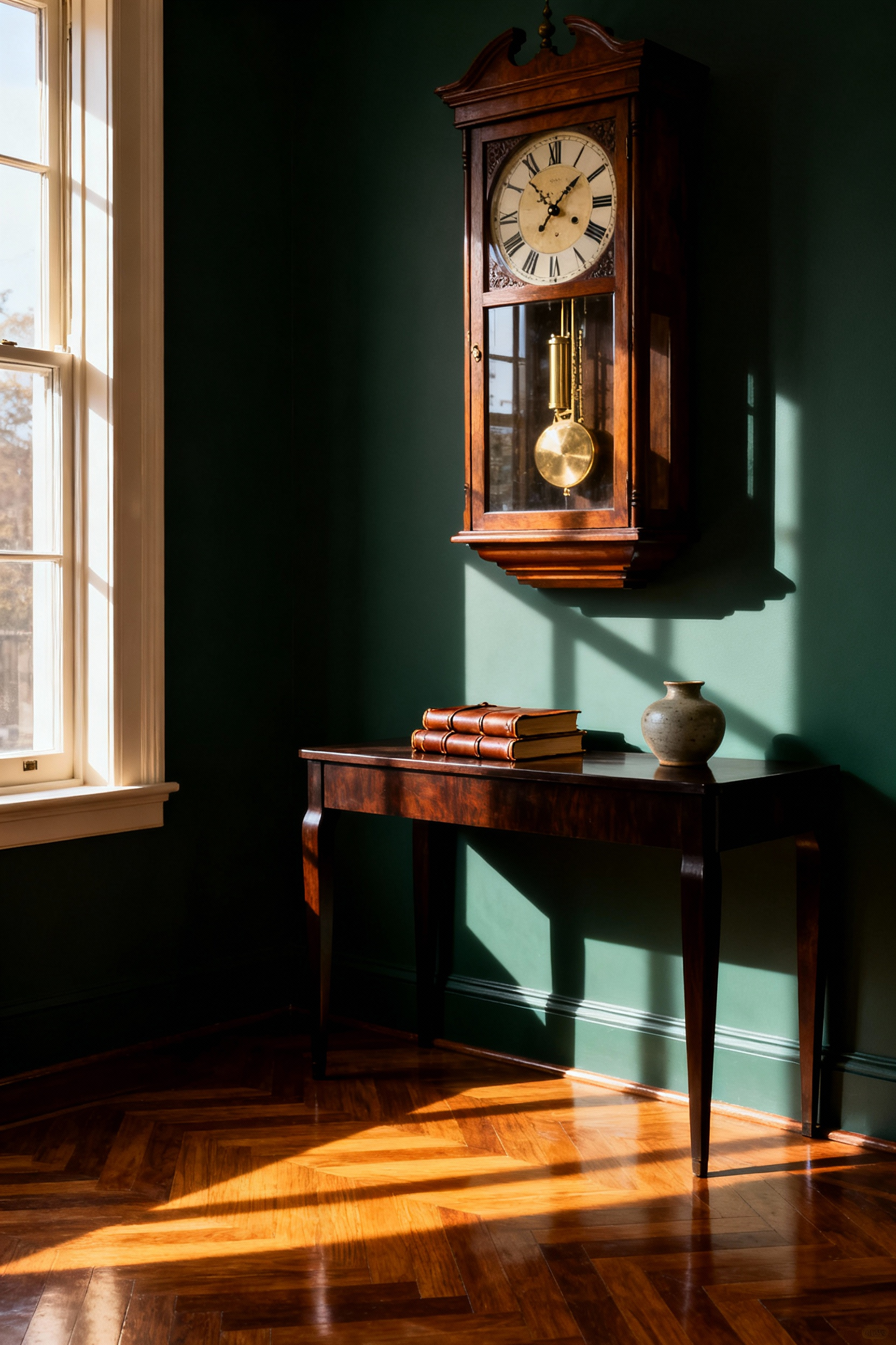 A magnificent antique wooden wall clock with a visible brass pendulum is the central focus of a warmly lit traditional living room, grounding the space in classic decor.