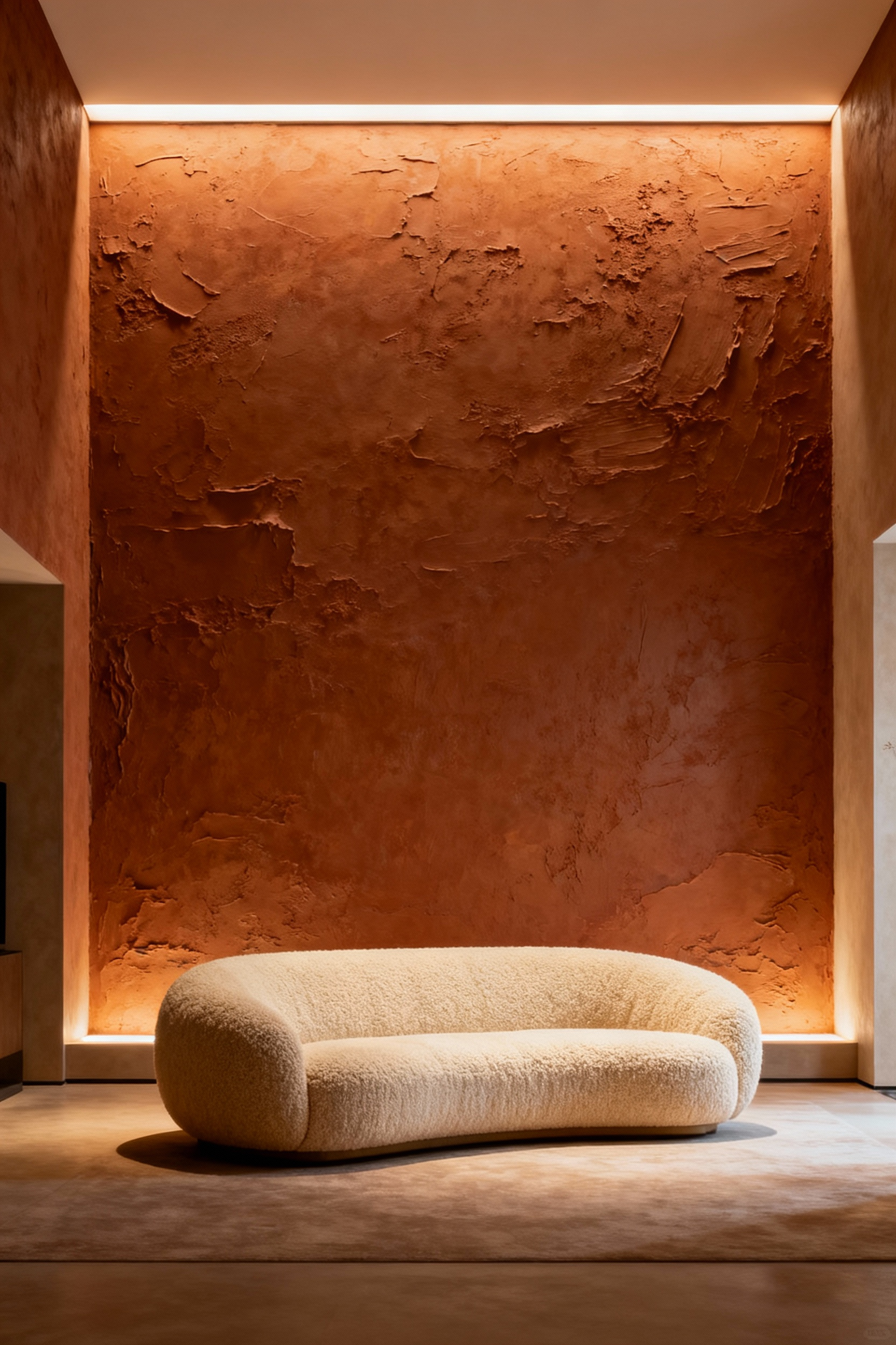 Highly textured living room wall featuring deep terracotta Venetian plaster illuminated by warm cove lighting, suggesting a protective sensory boundary and high visual temperature.