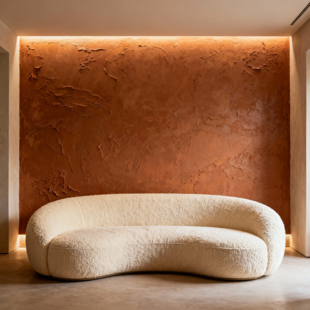 Highly textured living room wall featuring deep terracotta Venetian plaster illuminated by warm cove lighting, suggesting a protective sensory boundary and high visual temperature.