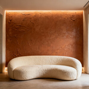 Highly textured living room wall featuring deep terracotta Venetian plaster illuminated by warm cove lighting, suggesting a protective sensory boundary and high visual temperature.