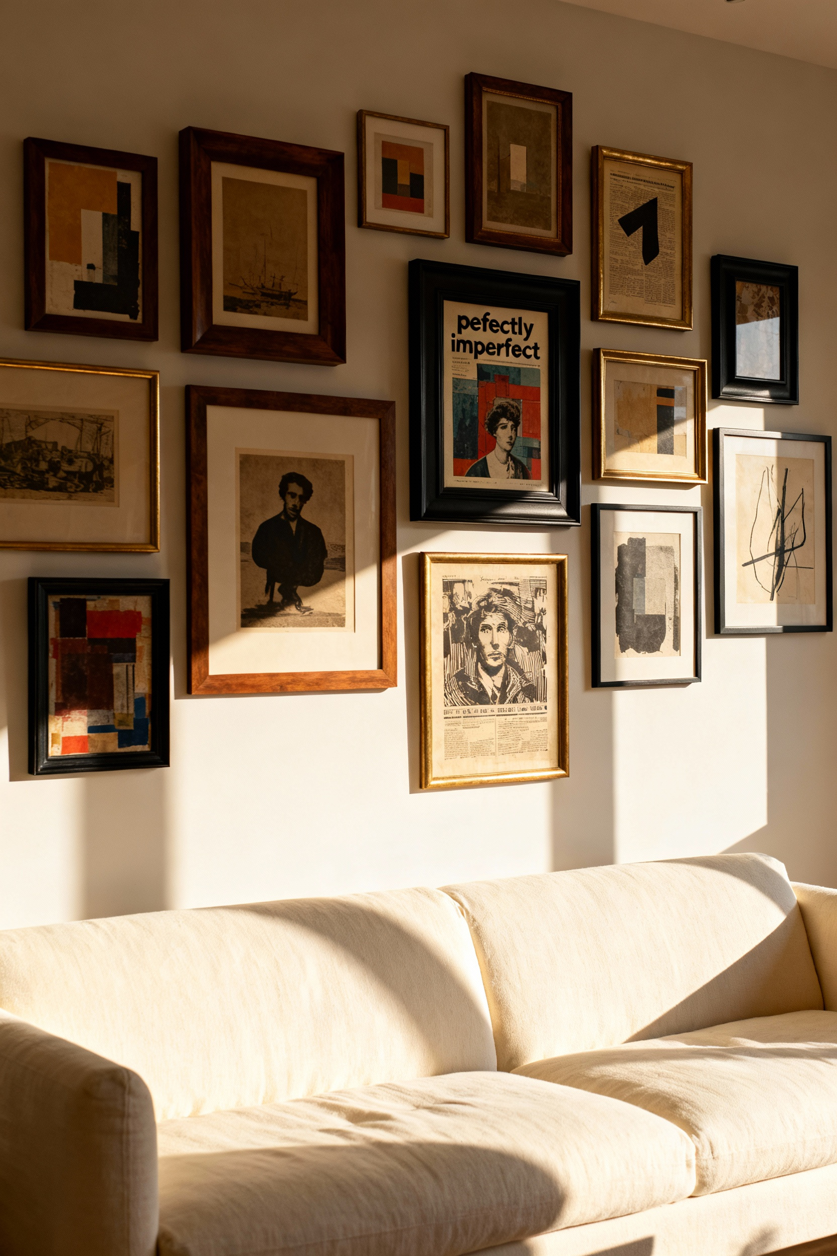 A photograph of a modern living room featuring a large, dynamic asymmetrical gallery wall installation over an ivory linen sofa, emphasizing spontaneous home wall decoration.