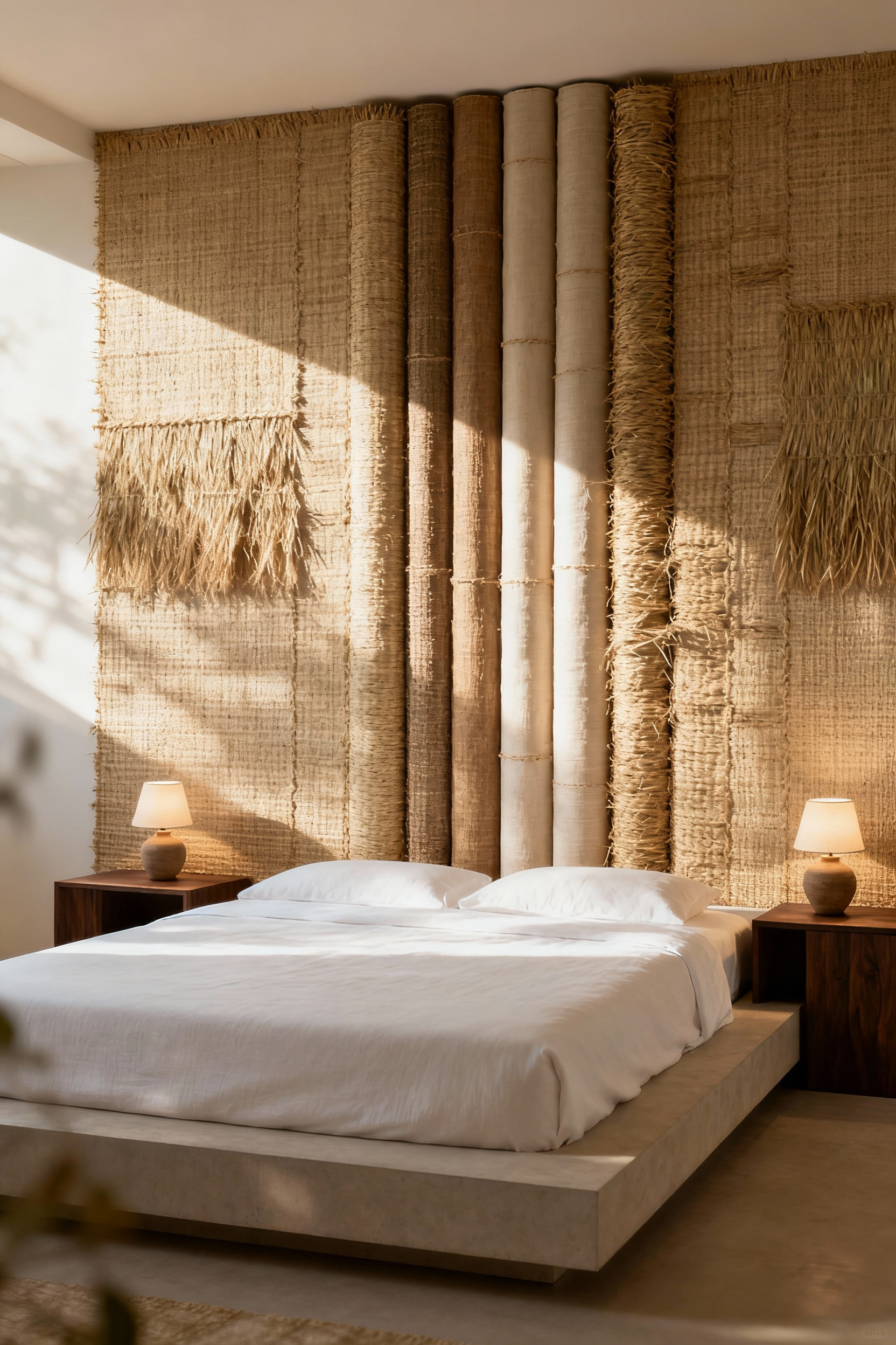 A luxurious, minimalist bedroom featuring a textured wall covered in natural oatmeal-colored sisal grasscloth wallpaper, highlighting the depth of the organic weave and visible installation seams.