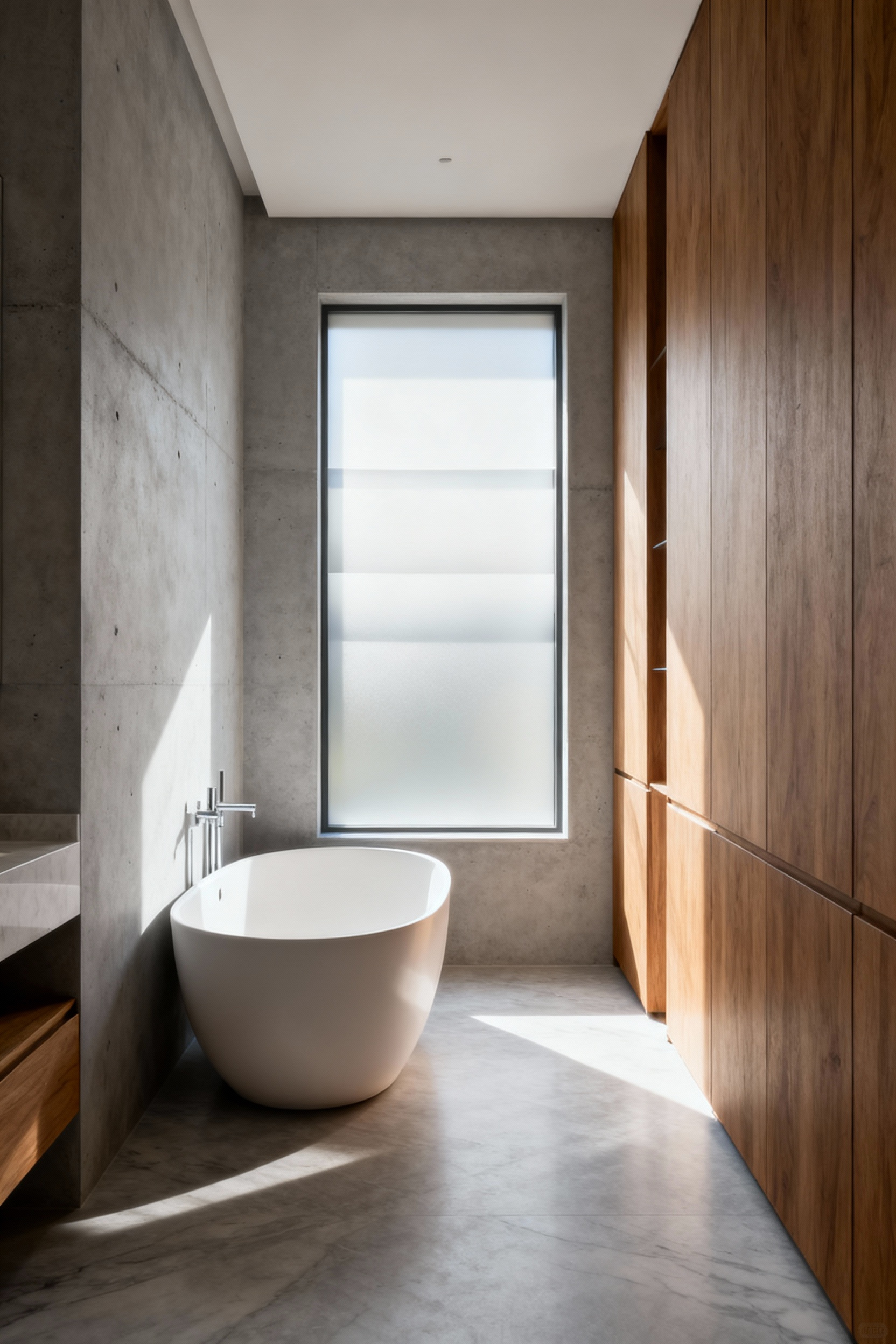 A luxurious spa bathroom featuring a white freestanding bathtub bathed in soft, diffused natural light coming through a large window treated with layered frosted privacy film, demonstrating uniform illumination.