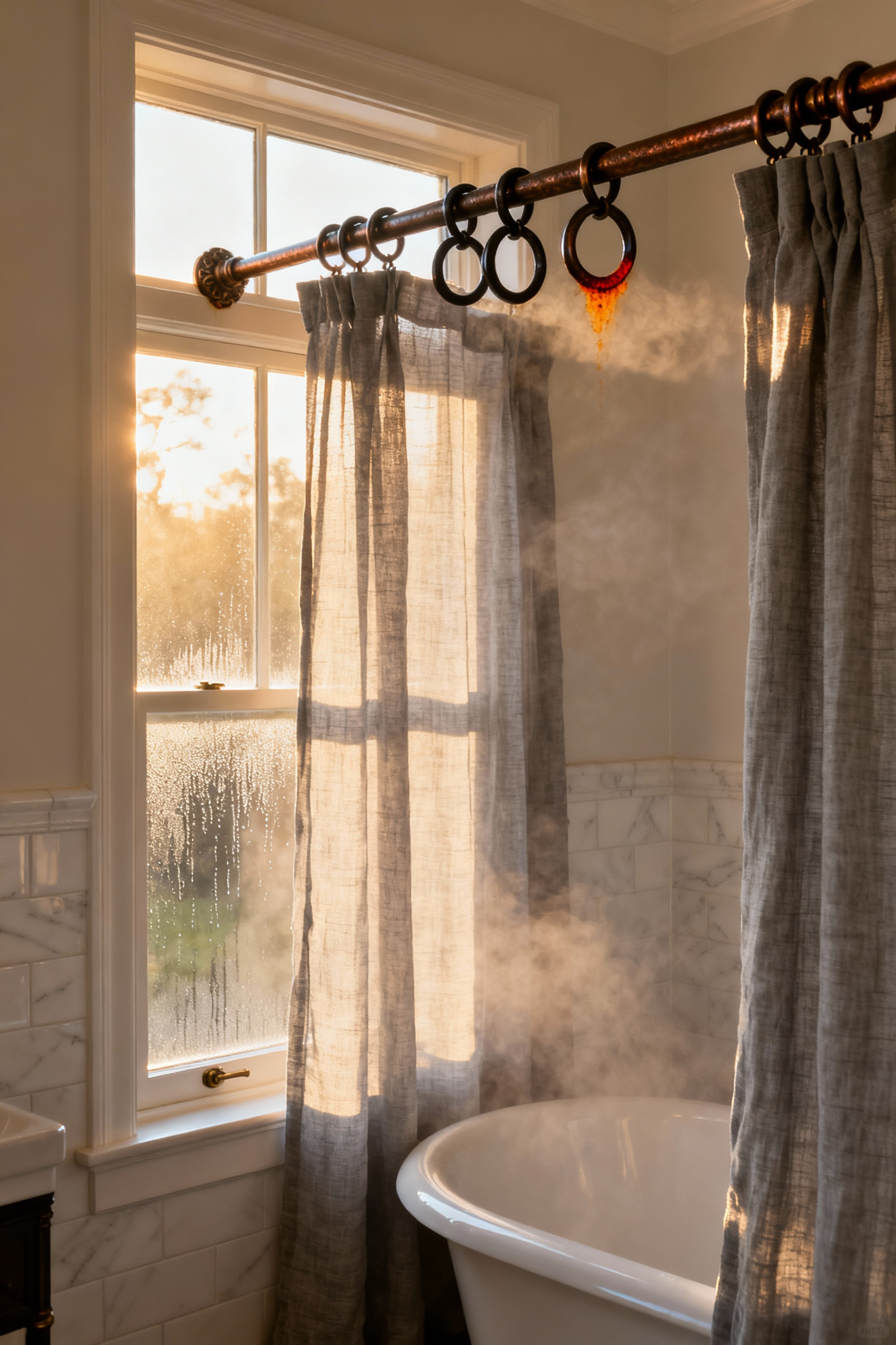 A steamy, high-end bathroom featuring a window with light gray sheer curtains hung on a decorative faux oil-rubbed bronze rod, which shows a small, visible spot of rust due to humidity exposure.