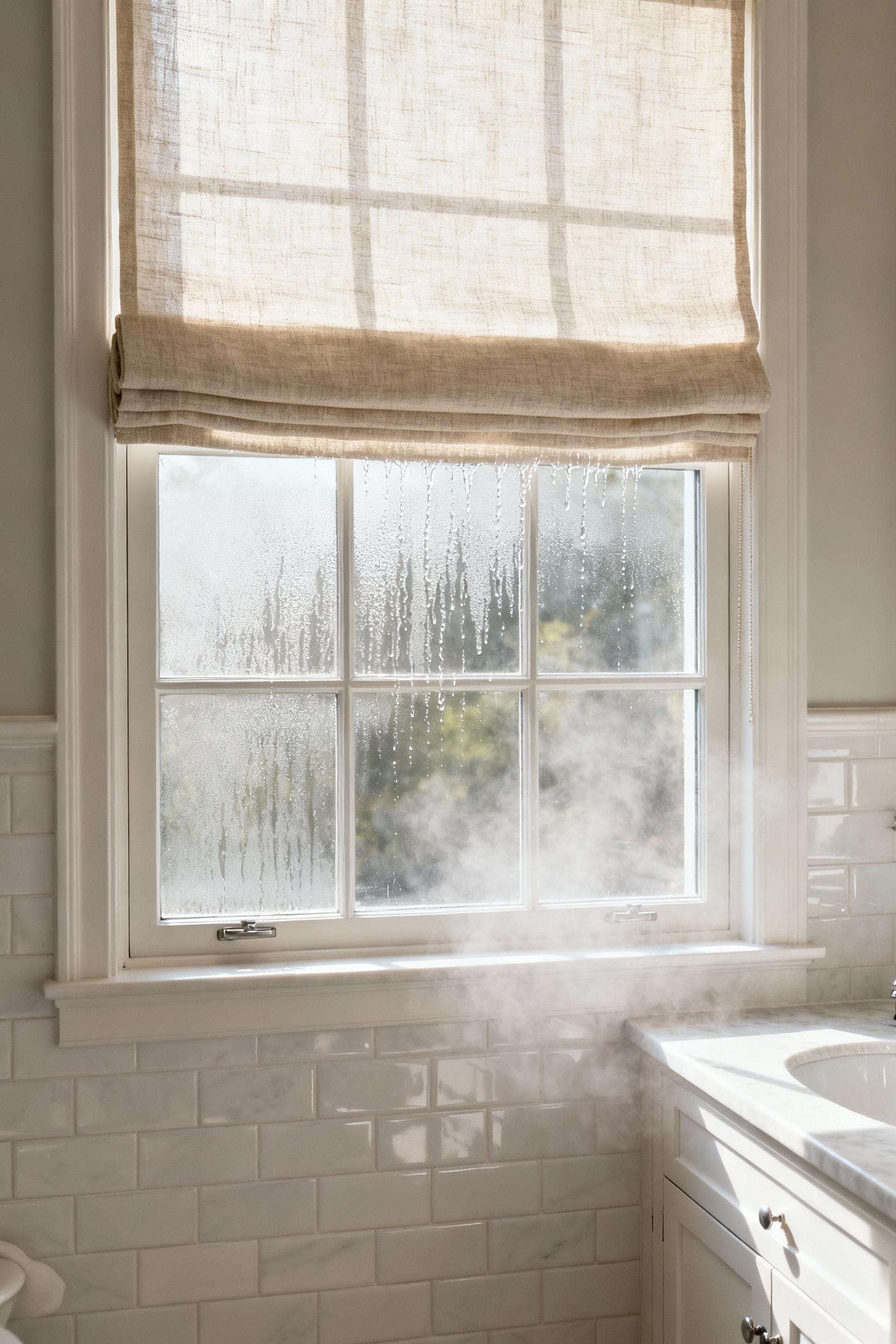 A bright bathroom interior showing a window dressed with a natural linen Roman shade. The lower section of the fabric and window pane displays subtle condensation, illustrating the moisture absorption of natural fibers in high-humidity environments.