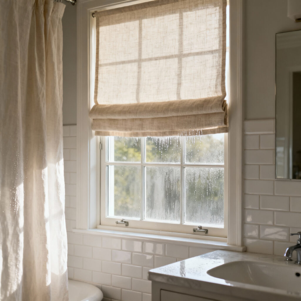 A bright bathroom interior showing a window dressed with a natural linen Roman shade. The lower section of the fabric and window pane displays subtle condensation, illustrating the moisture absorption of natural fibers in high-humidity environments.