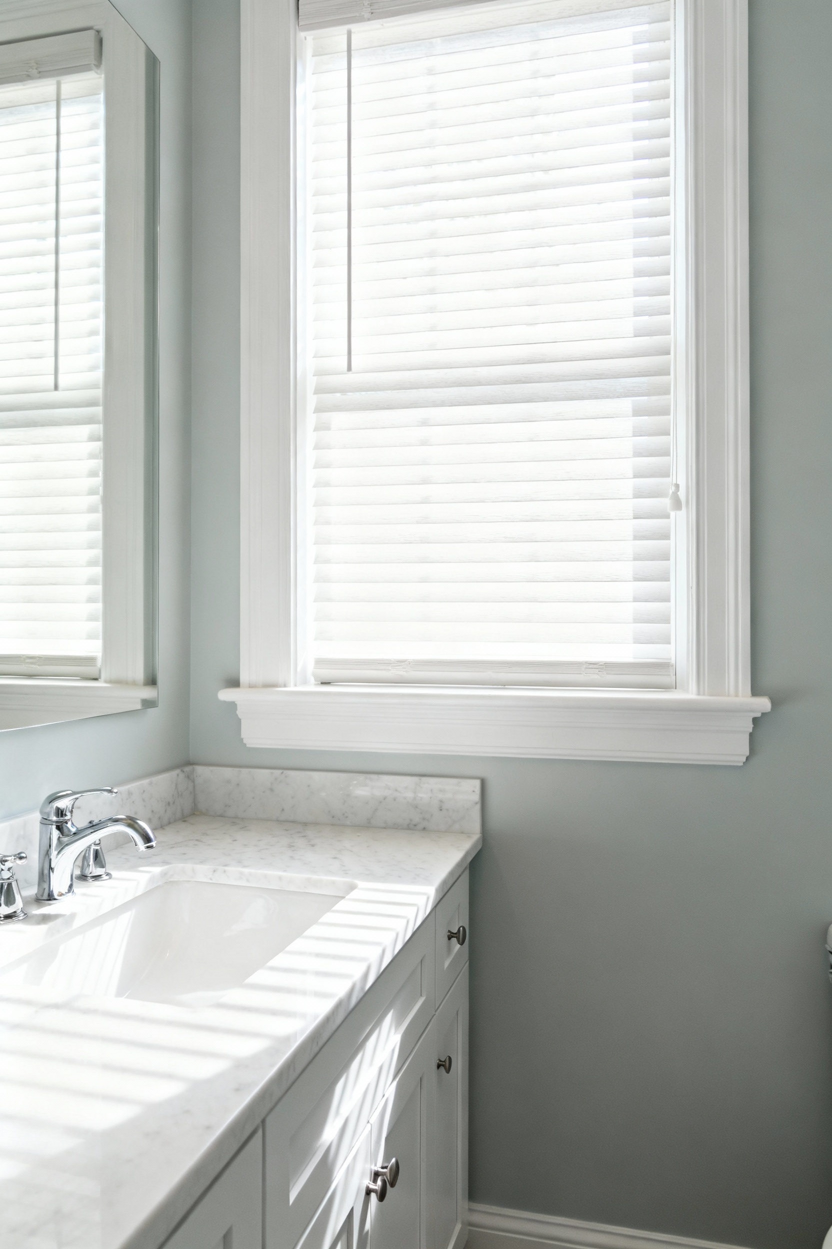 A small, bright bathroom featuring an inside-mount white faux wood blind recessed neatly within the window casement, preserving the elegant white architectural trim and maximizing the visual space.
