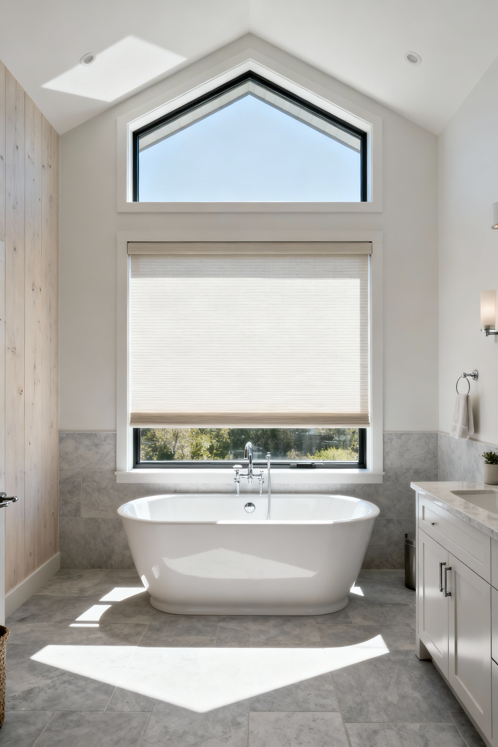 A modern, minimalist bathroom showing a large window fitted with a white Top-Down Bottom-Up cellular shade lowered only from the top, allowing sunlight to stream in above the privacy line.