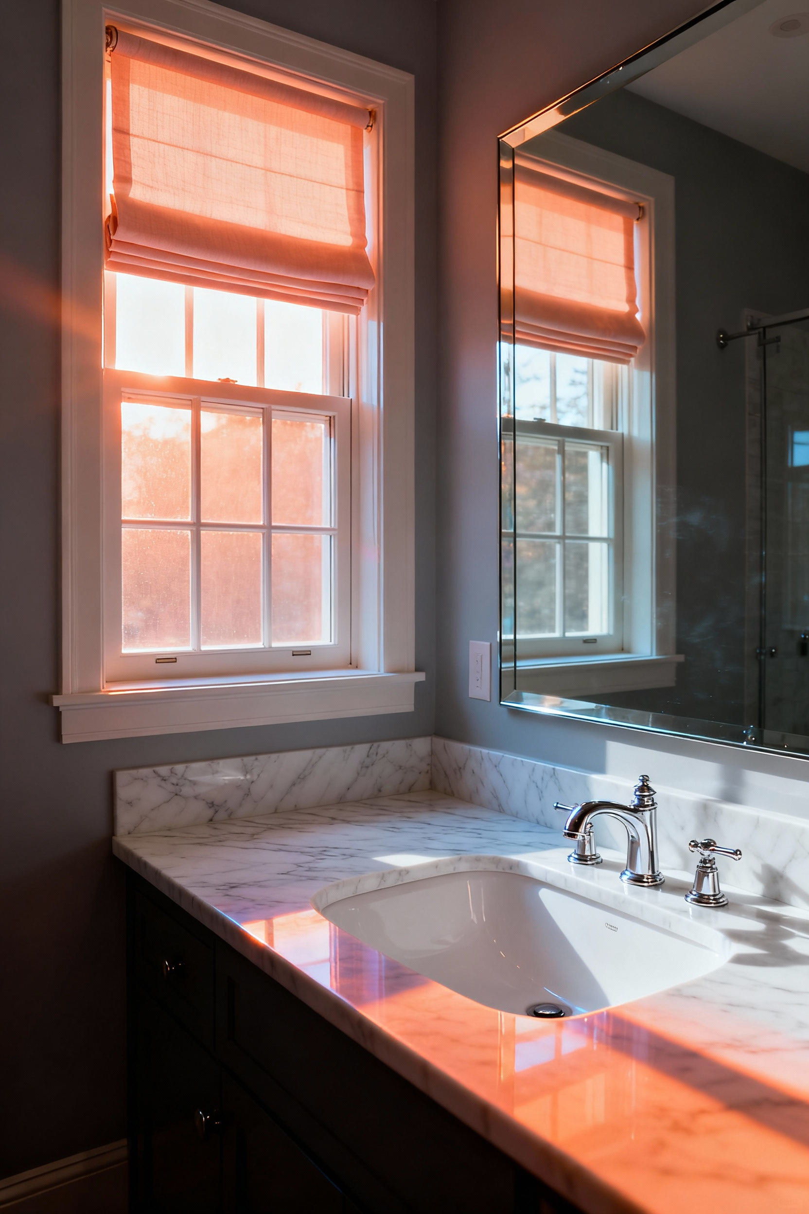 A modern bathroom vanity showing sunlight filtered through a sheer apricot window shade, casting a noticeable warm color tint onto the white marble counter and mirror reflection area.