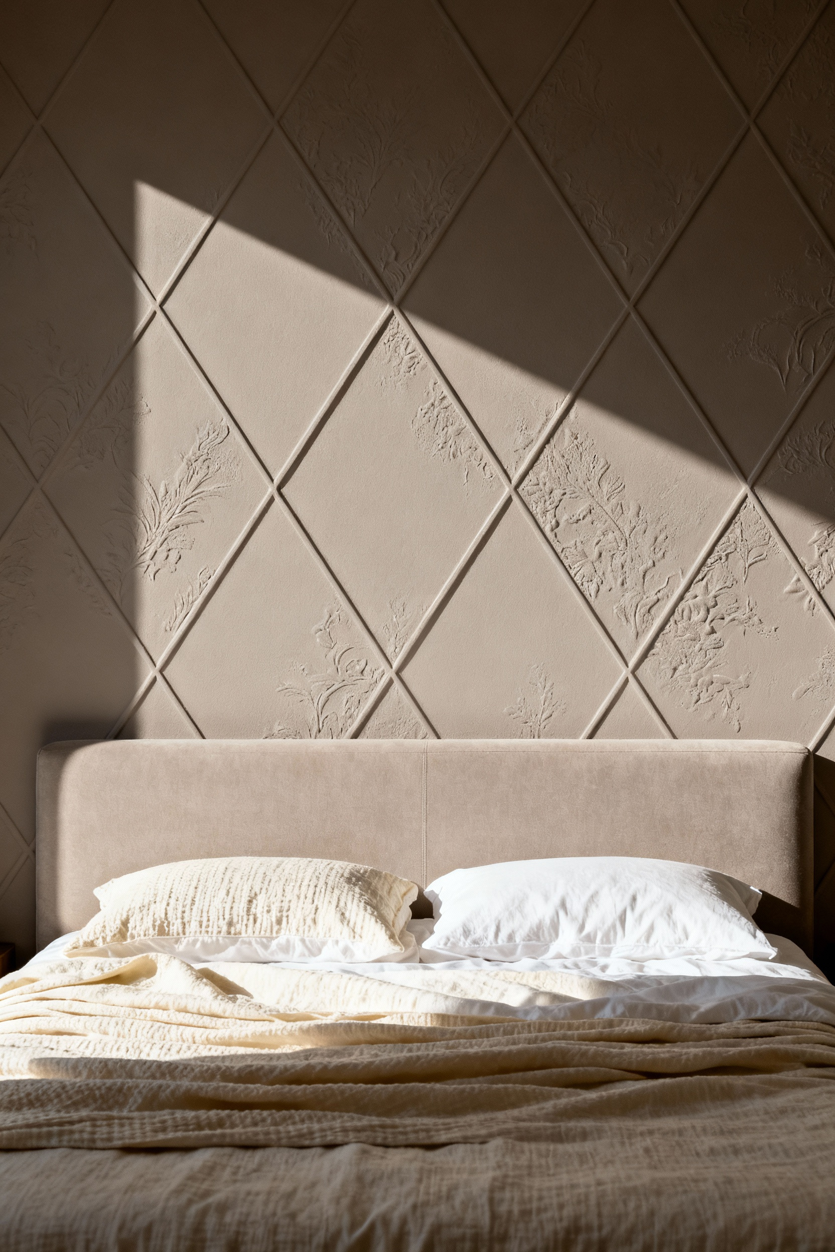 A monochromatic bedroom featuring embossed taupe geometric wallpaper behind the headboard, illuminated by strong directional light to emphasize texture and shadow.