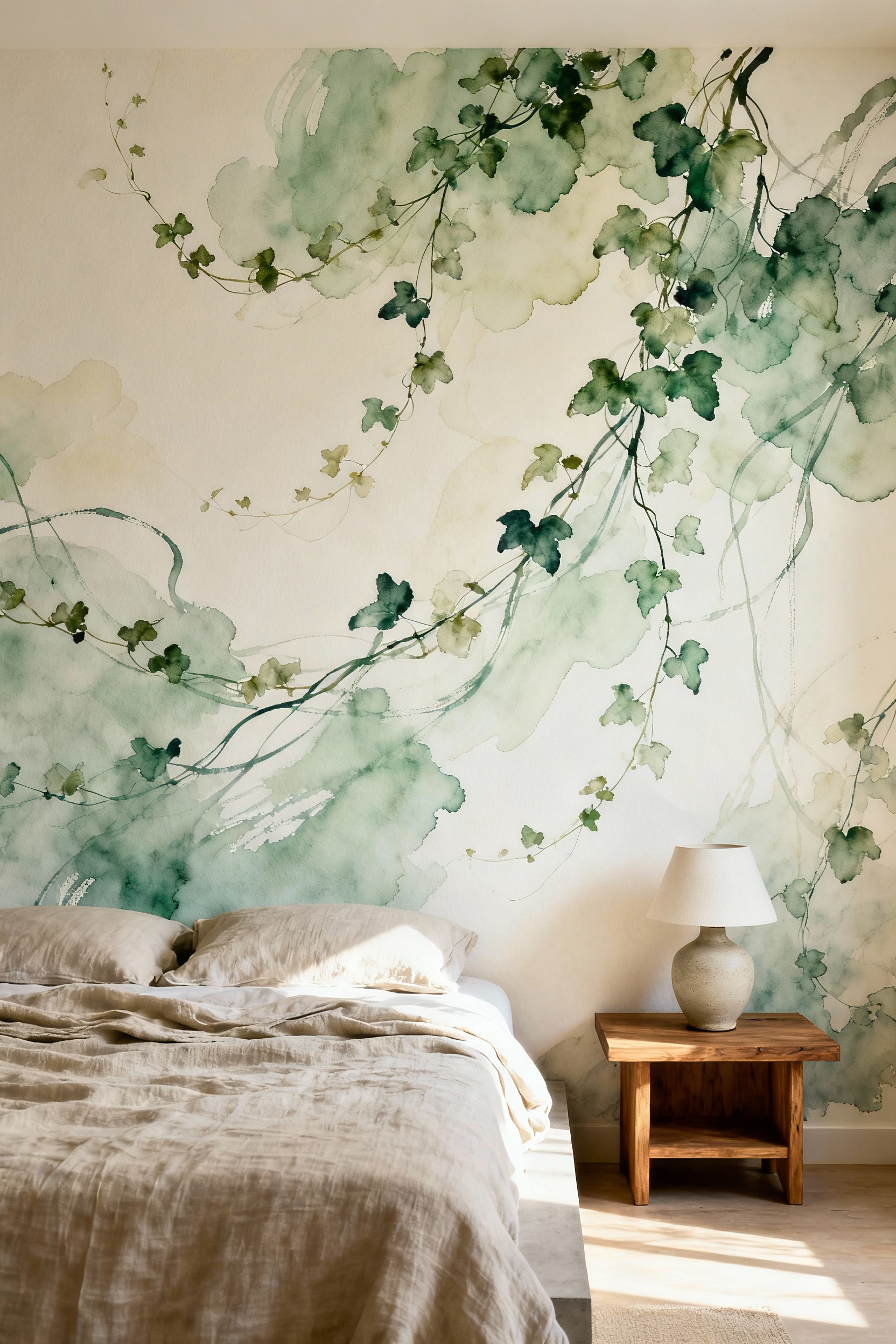 A serene bedroom featuring a large-scale, hand-painted watercolor wallpaper with a trailing ivy and organic vine pattern in sage green and cream.