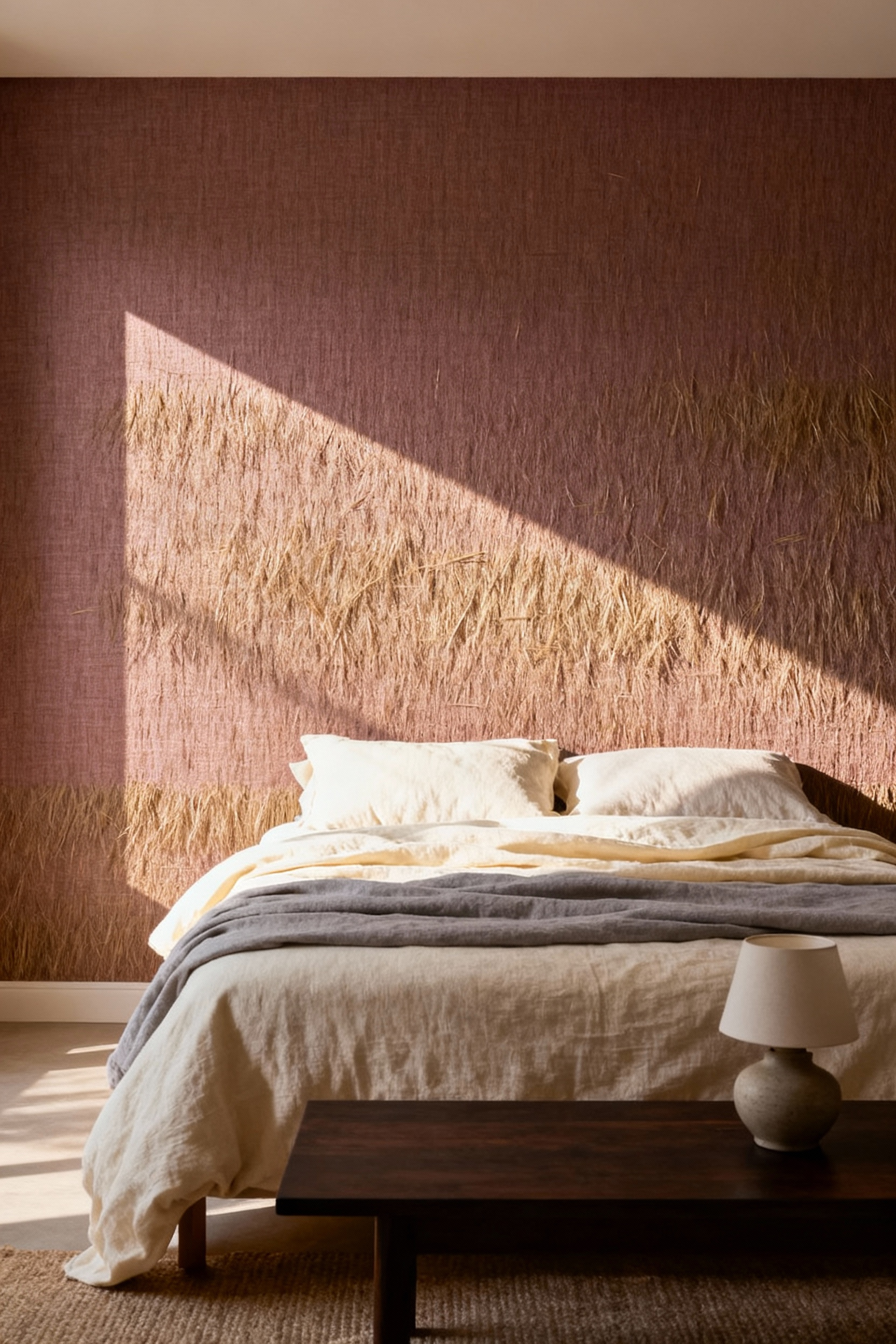 A photograph of a cozy bedroom showing a wall covered in highly textured, matte, warm beige grasscloth wallpaper, emphasizing visual warmth and acoustic dampening.