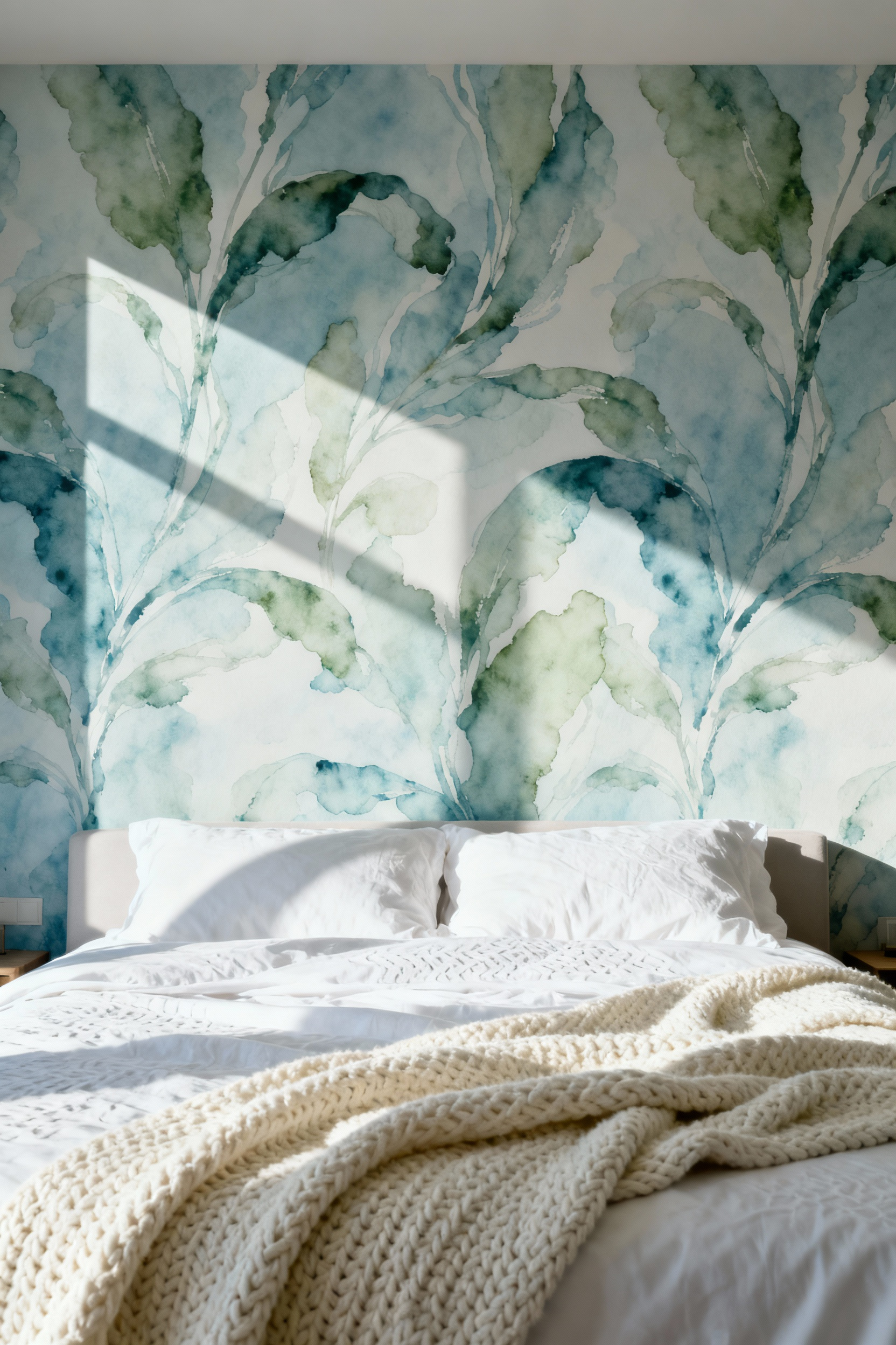 A photograph of a tranquil bedroom featuring desaturated soft blue and sage green organic patterned wallpaper designed to promote deep rest, showcasing a serene, cool-toned aesthetic.