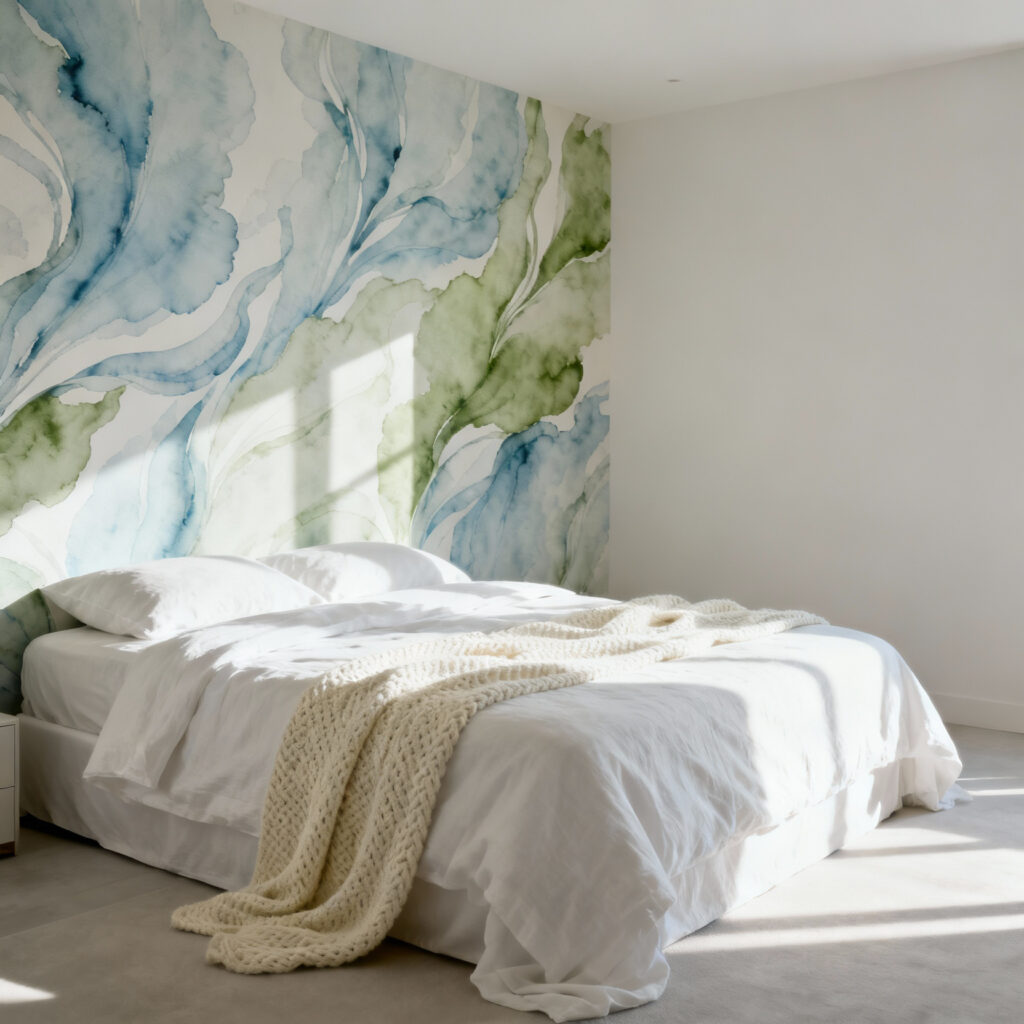 A photograph of a tranquil bedroom featuring desaturated soft blue and sage green organic patterned wallpaper designed to promote deep rest, showcasing a serene, cool-toned aesthetic.