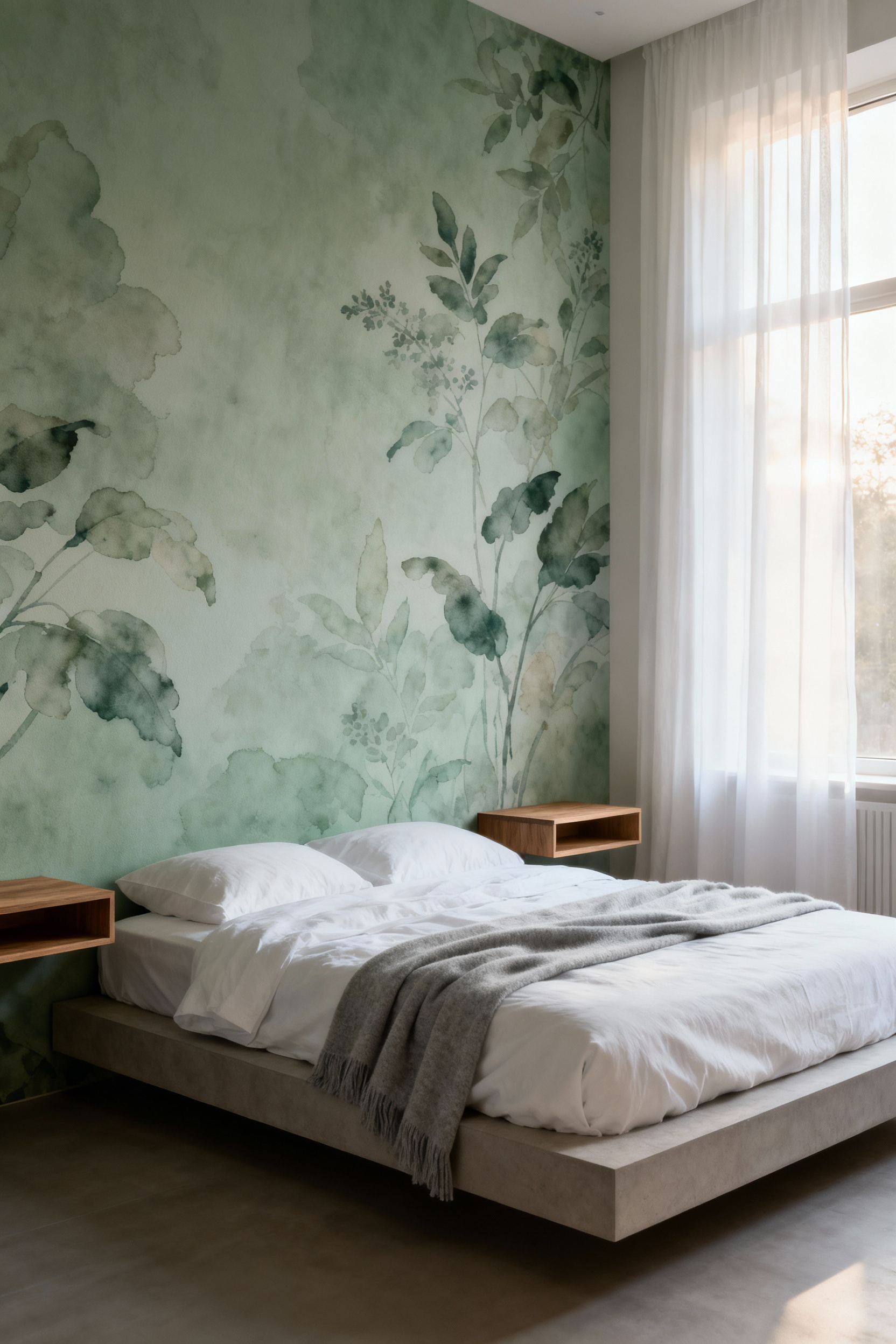 Serene bedroom with matte sage green wallpaper featuring a subtle botanical pattern, illustrating how muted cool tones support the circadian rhythm and restful sleep.