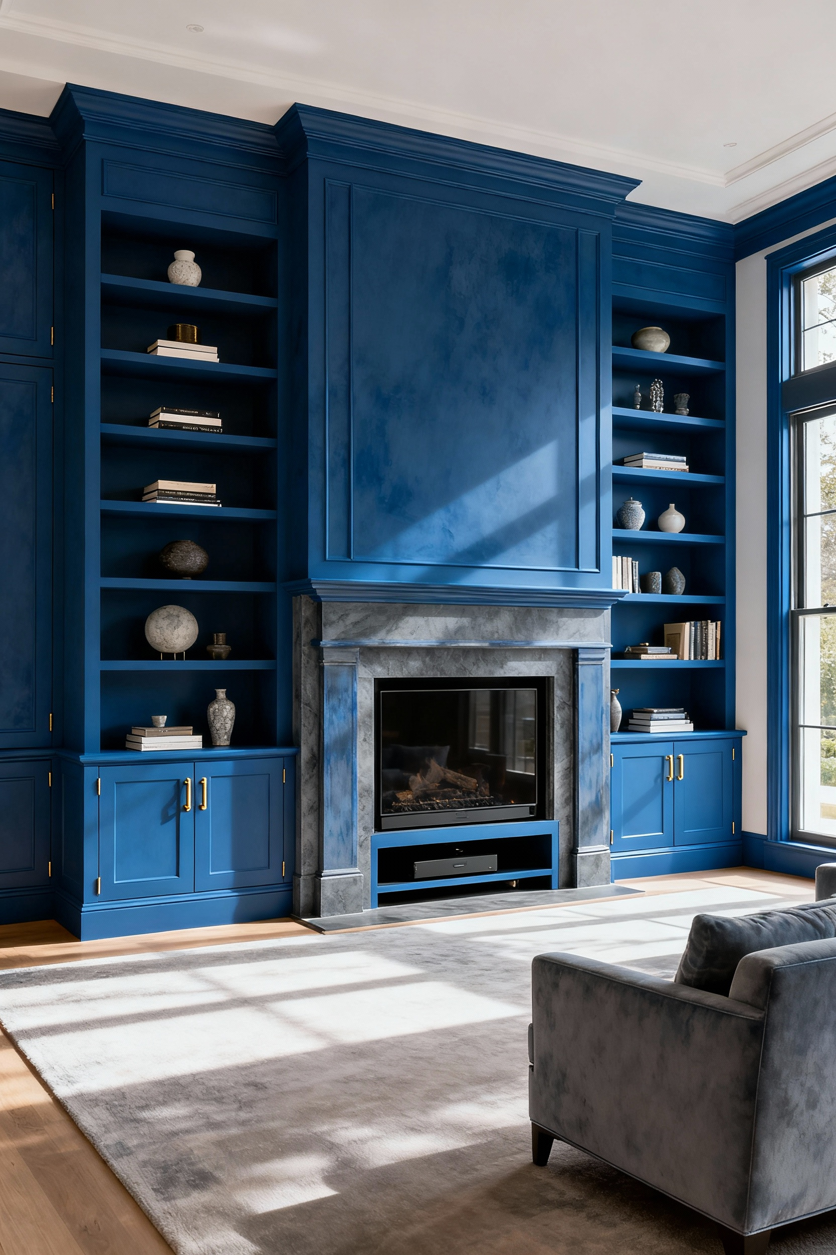 Elegant living room featuring custom-built bespoke blue cabinetry flanking a fireplace, integrating bookshelves, a media unit, and hidden storage, with warm wooden elements and subtle brass hardware details.