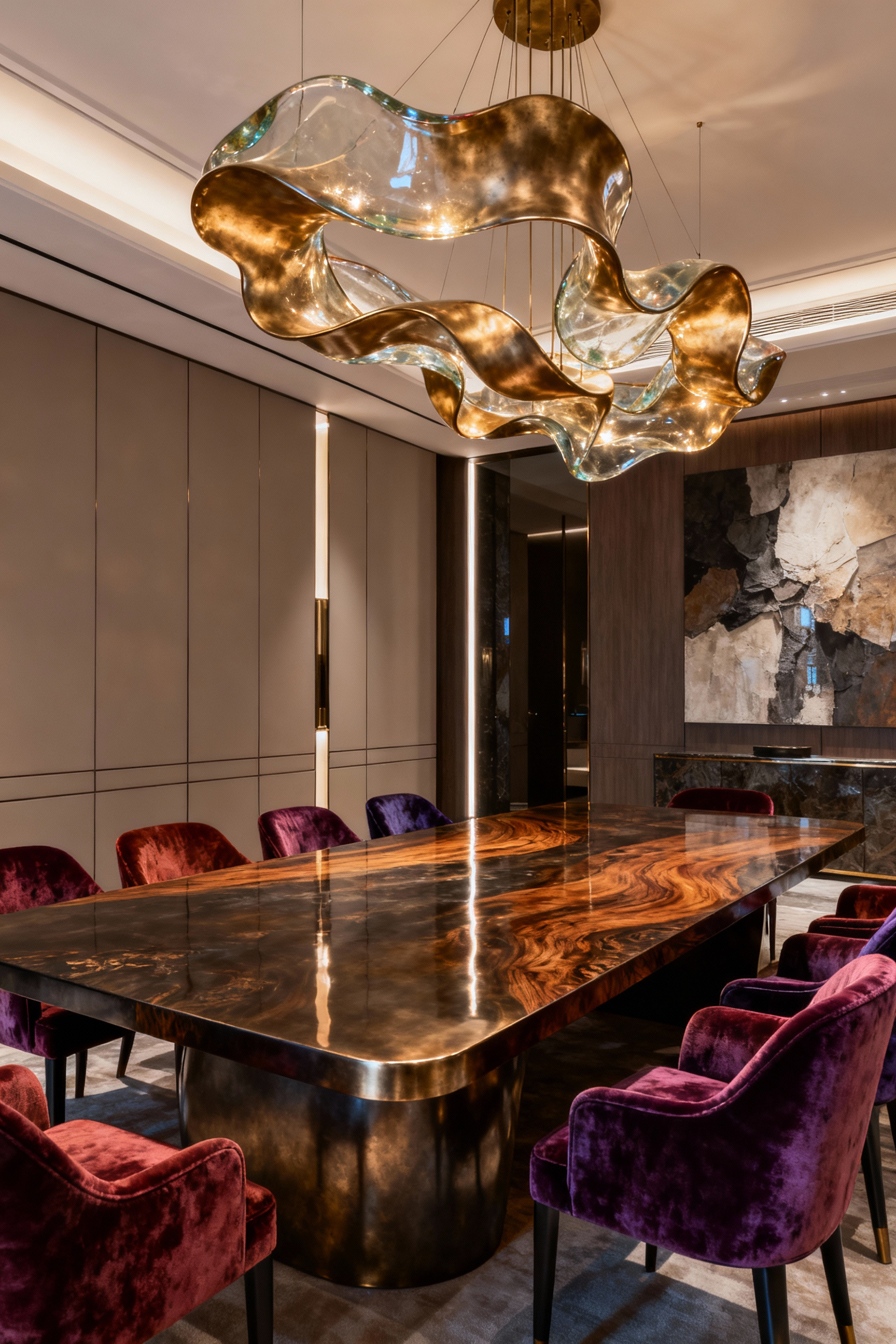 A professionally photographed luxury dining room showcasing a bespoke dark bronze and exotic wood dining table with a custom sculptural hand-blown glass and brass chandelier, and custom velvet chairs, illustrating the outcome of a tailored commission process.