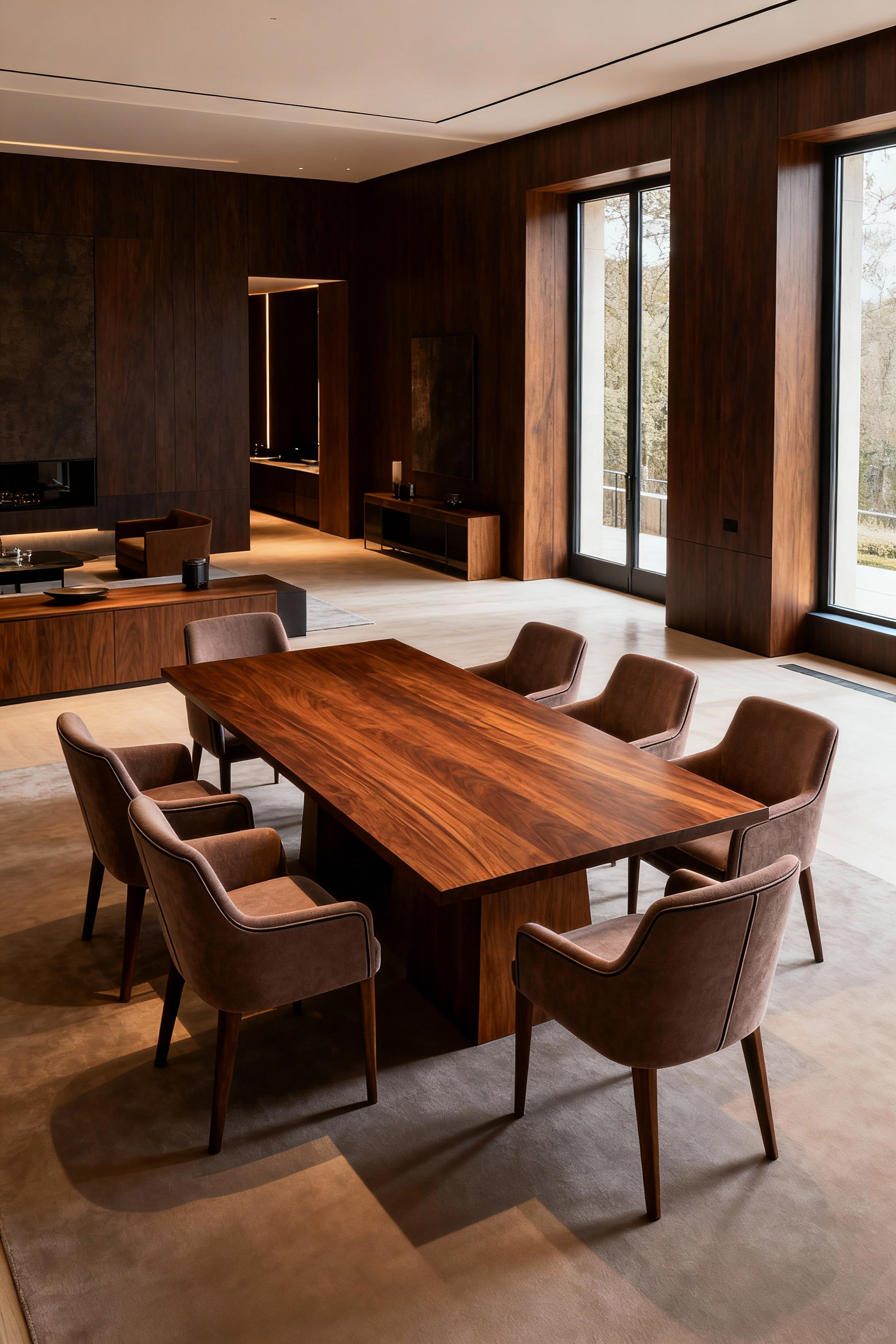 Luxury dining room featuring a perfectly scaled bespoke dining table and chairs, highlighting architectural proportionality and elegant design.
