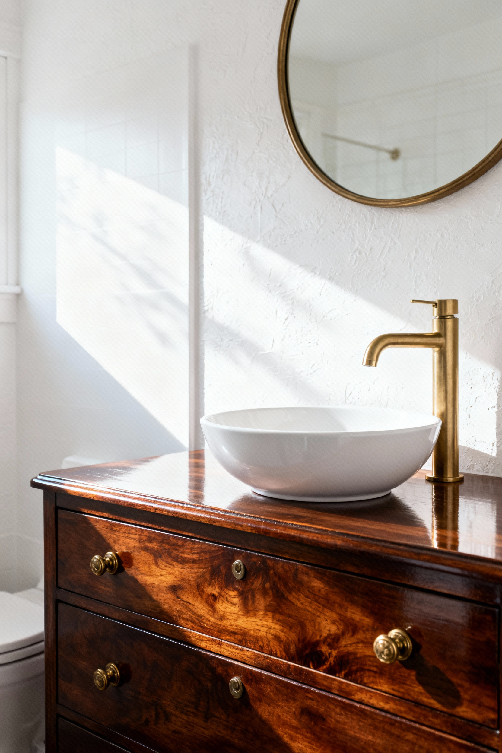 Detailed image of a small bathroom vanity repurposed from a dark vintage mahogany dresser with a white vessel sink and brass fixtures, highlighting budget remodeling.