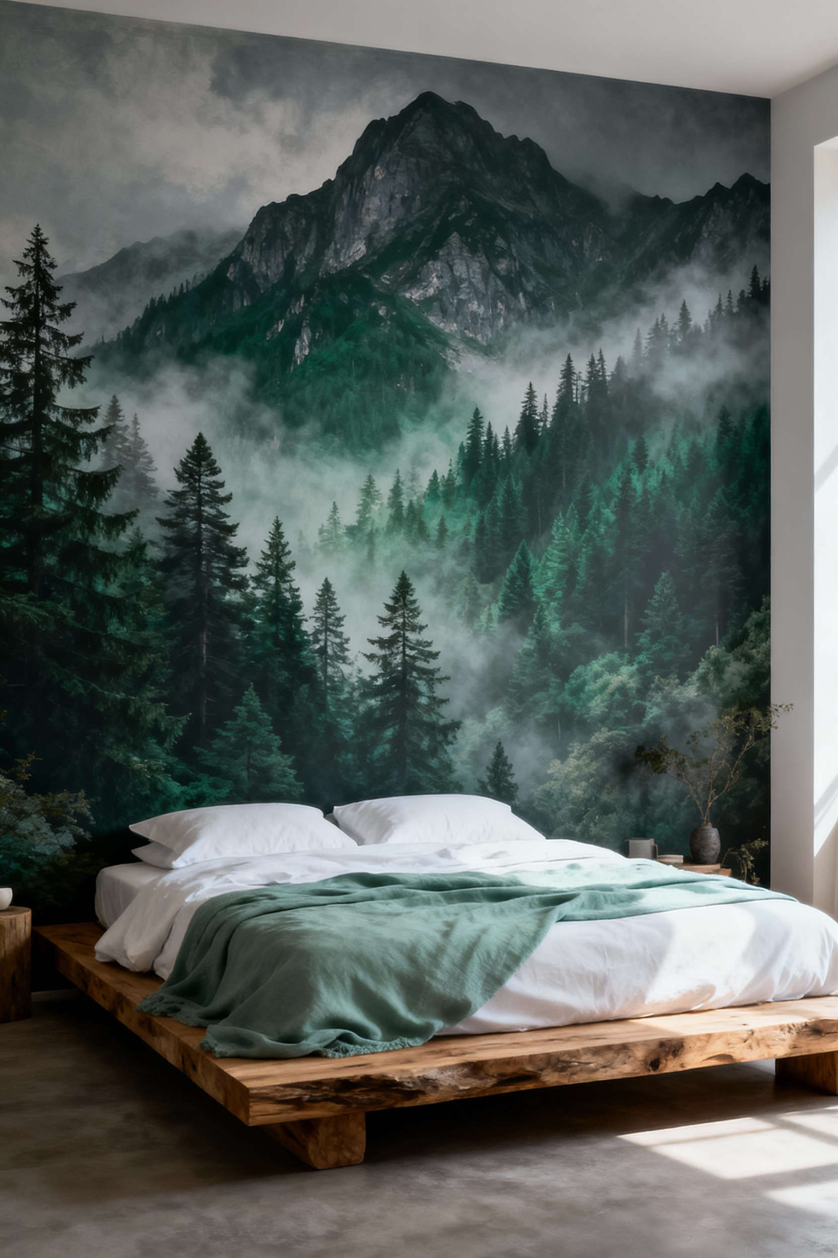 A photograph showcasing the modern bedroom wallpaper aesthetic of a tranquil retreat, featuring an immersive, high-definition biophilic mural of a misty pine forest on the accent wall behind a low-profile platform bed.