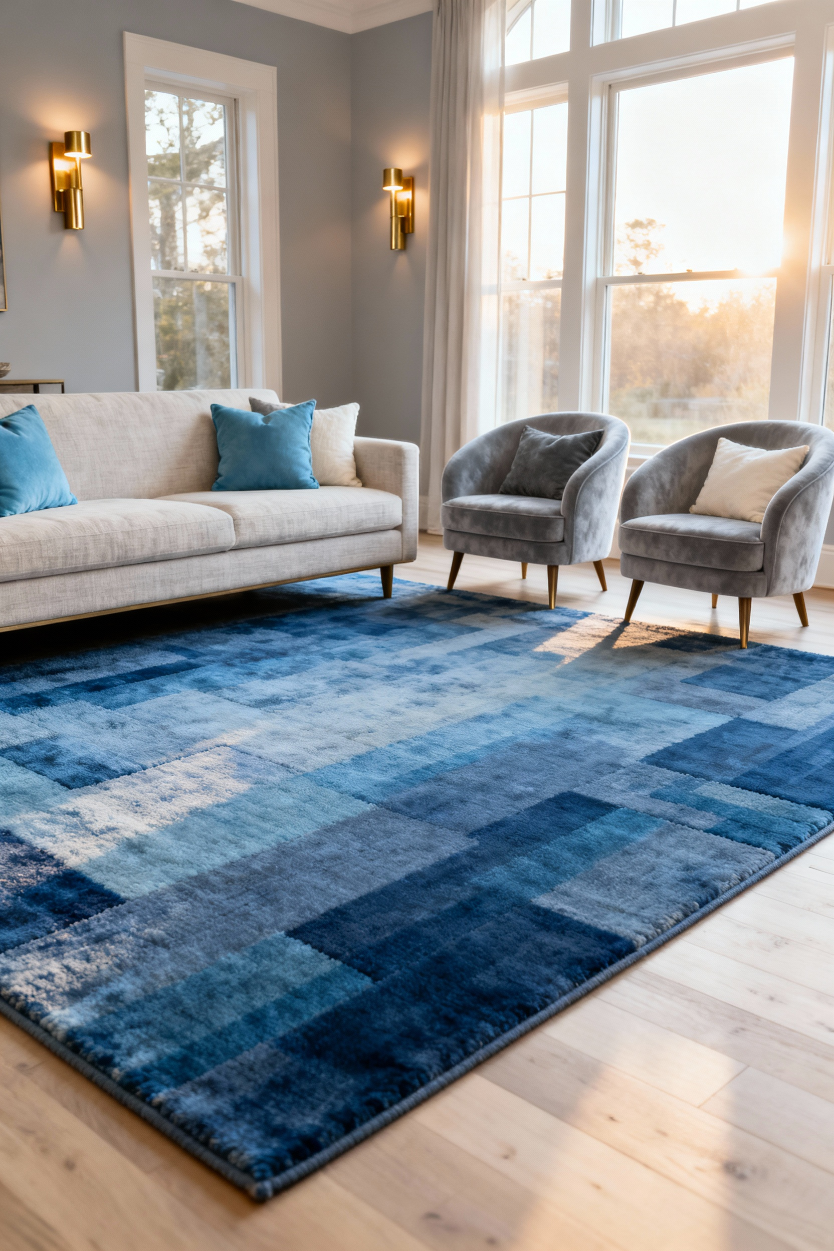 Serene blue living room with a large, plush statement blue area rug anchoring a light-colored sofa and armchairs. The rug defines the seating area, adding texture and a tranquil blue hue to the inviting space, creating a cozy and harmonious ambiance.