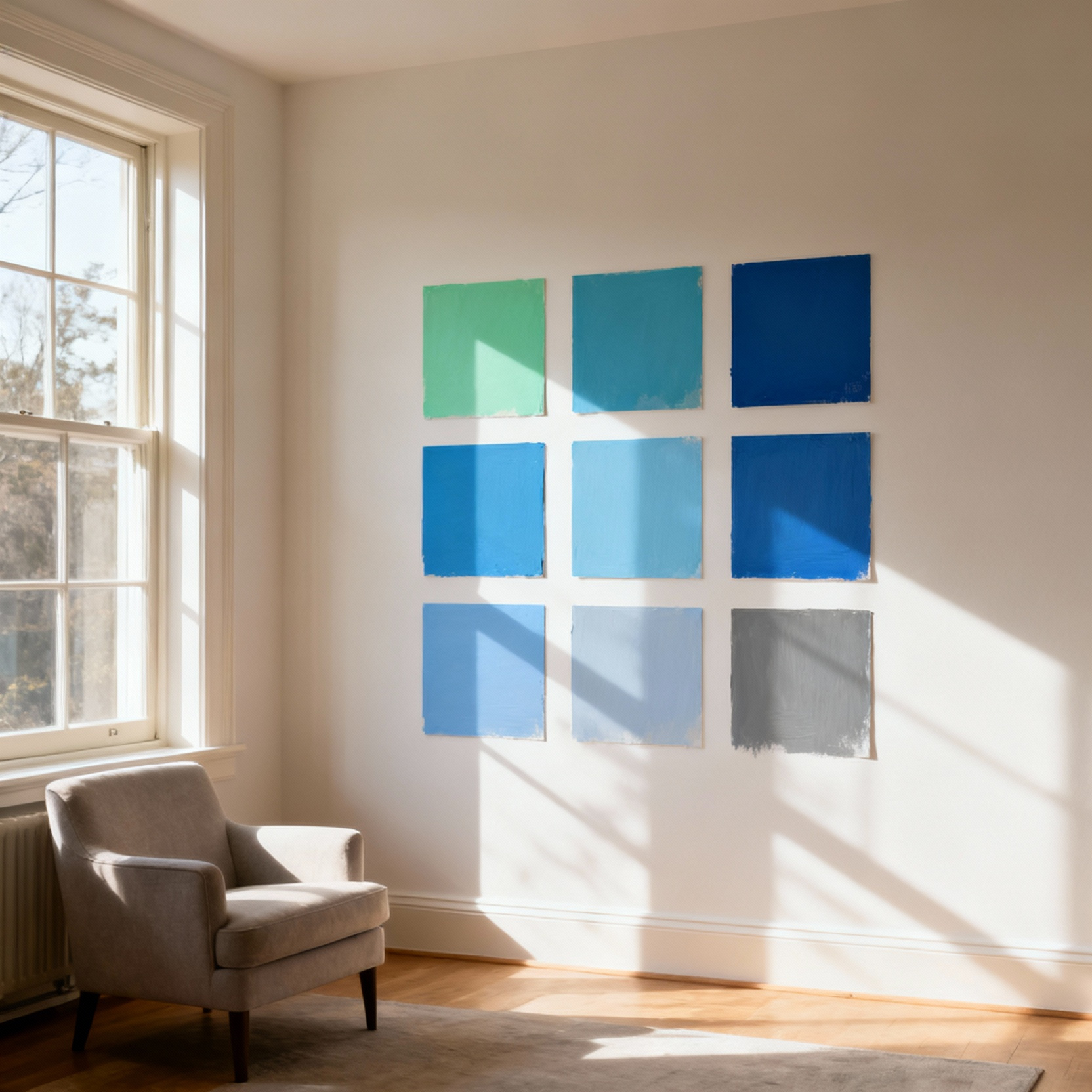 An elegant living room interior showing several large swatches of different blue paint hues on a wall, illuminated by natural daylight from a large window. The light changes subtly across the paint samples, highlighting various undertones of each blue, suggesting careful color selection for mood and light.