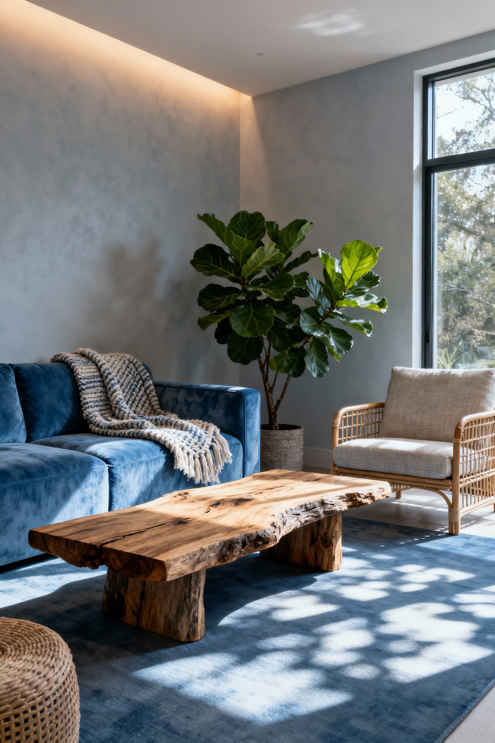 A serene blue living room filled with natural light, featuring a blue velvet sofa, a rustic wooden coffee table, large green plants, and organic textiles, embodying biophilic design for nature's calm.