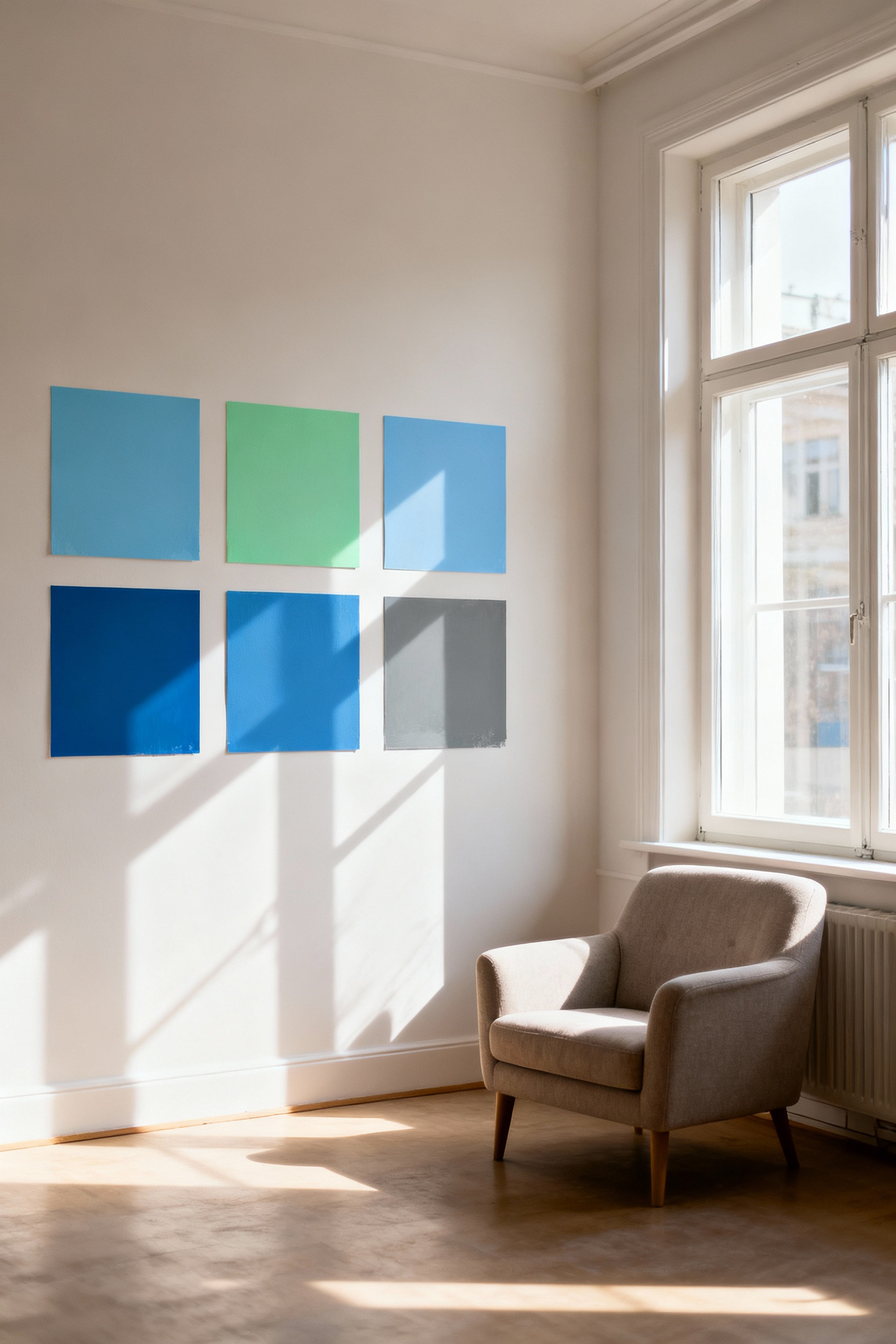 An elegant living room interior showing several large swatches of different blue paint hues on a wall, illuminated by natural daylight from a large window. The light changes subtly across the paint samples, highlighting various undertones of each blue, suggesting careful color selection for mood and light.